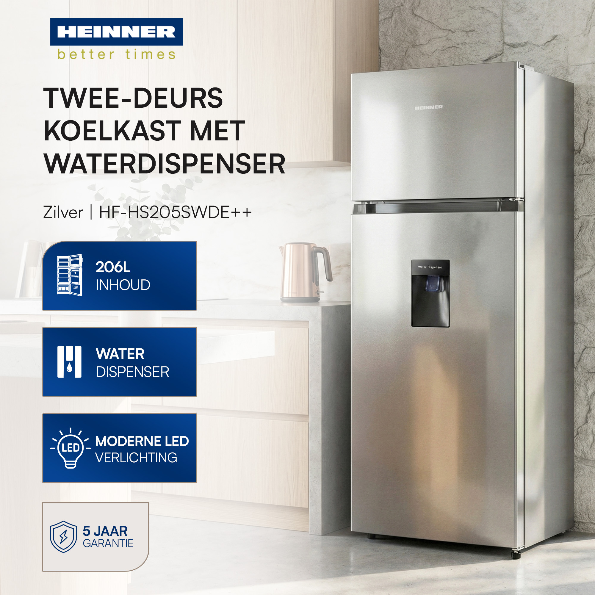 Silberner Kühlschrank mit zwei Türen und Wasserspender von Heinner, 206L, LED-Beleuchtung.