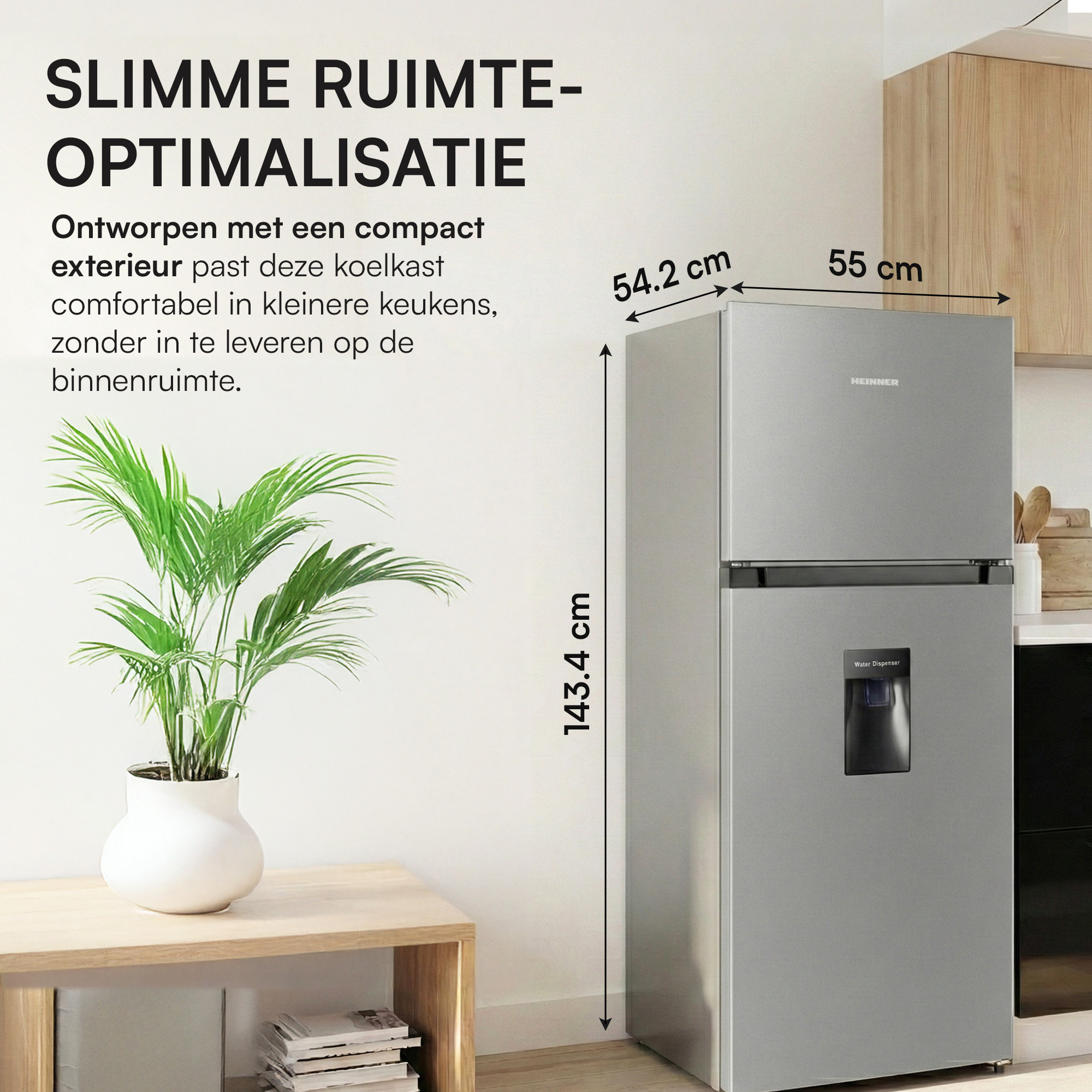 Ein silberner Kühlschrank mit Wasserspender, 143,4 cm hoch.