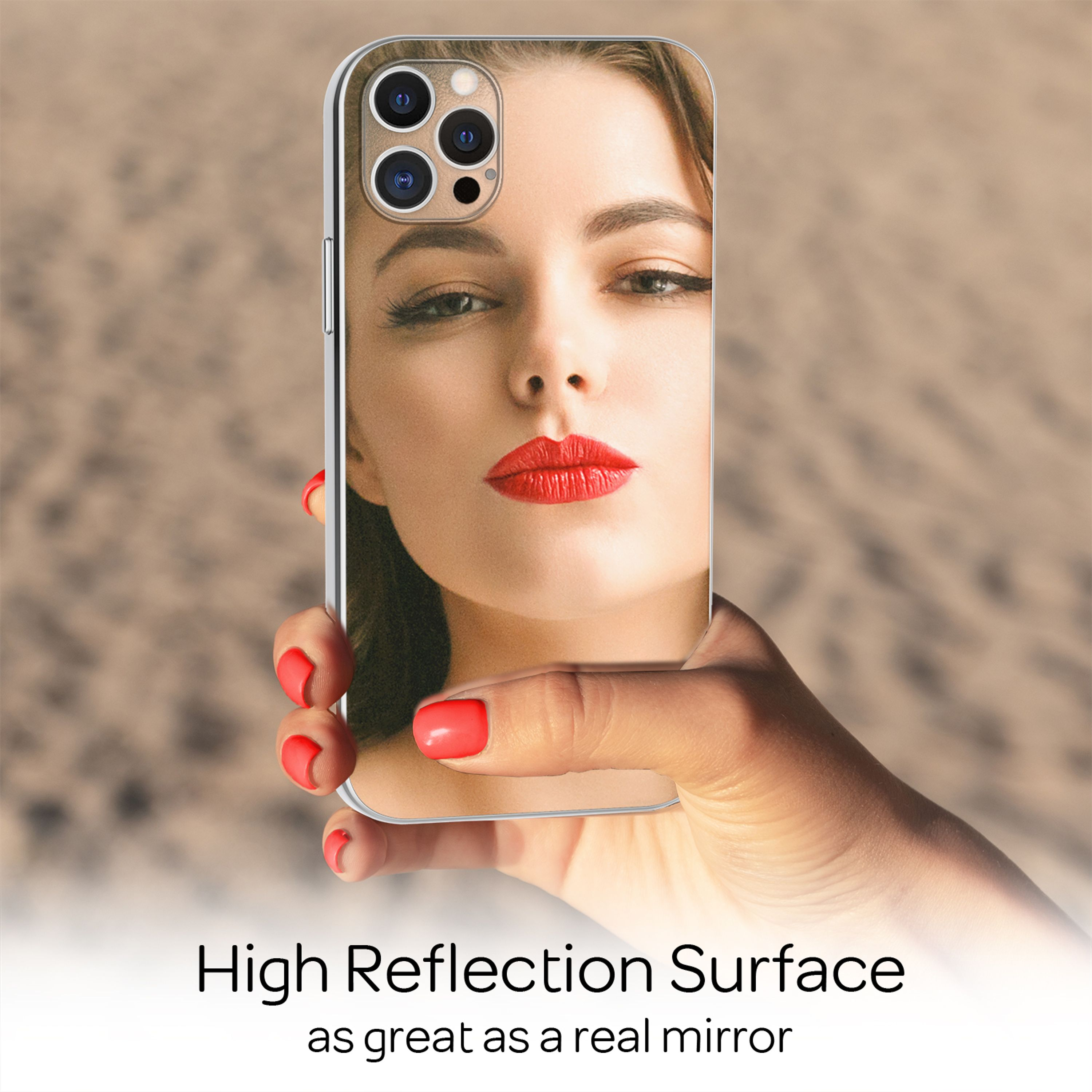 Eine Hand hält ein Smartphone mit dem Spiegelbild eines Gesichts mit rotem Lippenstift.