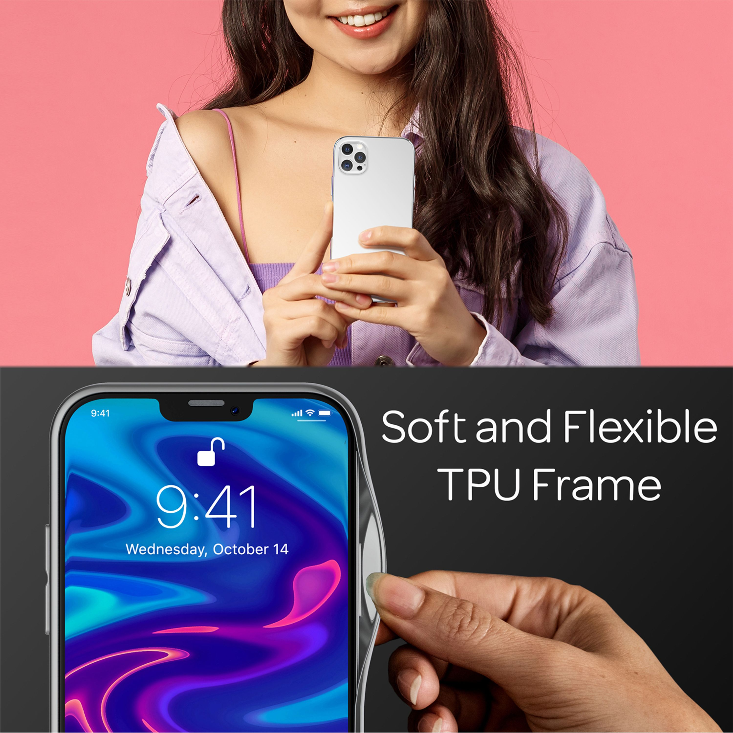 Frau mit Handy, Nahaufnahme des Bildschirms und einer Hand, die eine Hülle anbringt.