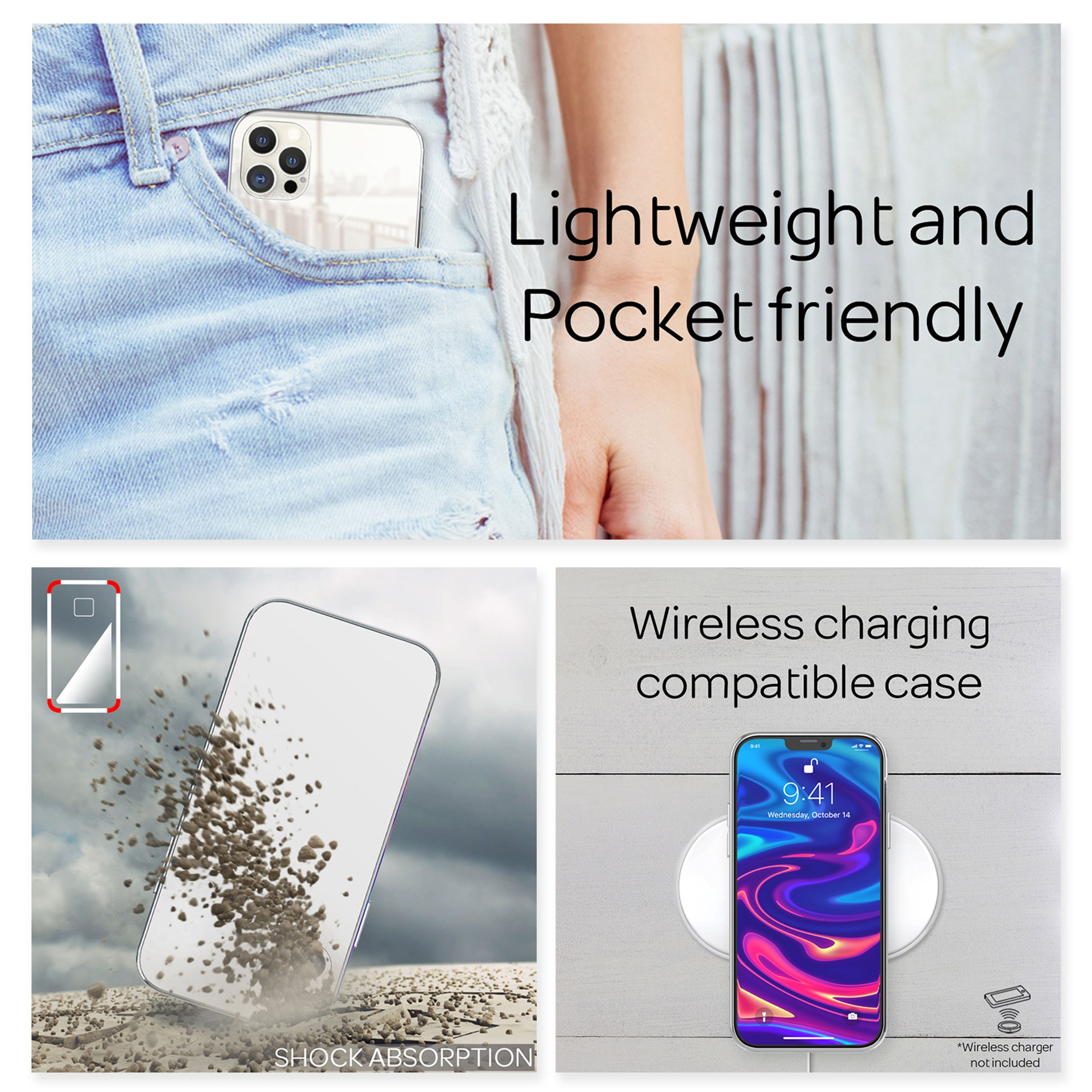 iPhone in Jeanstasche, stoßabsorbierendes und kabelloses Ladecase.