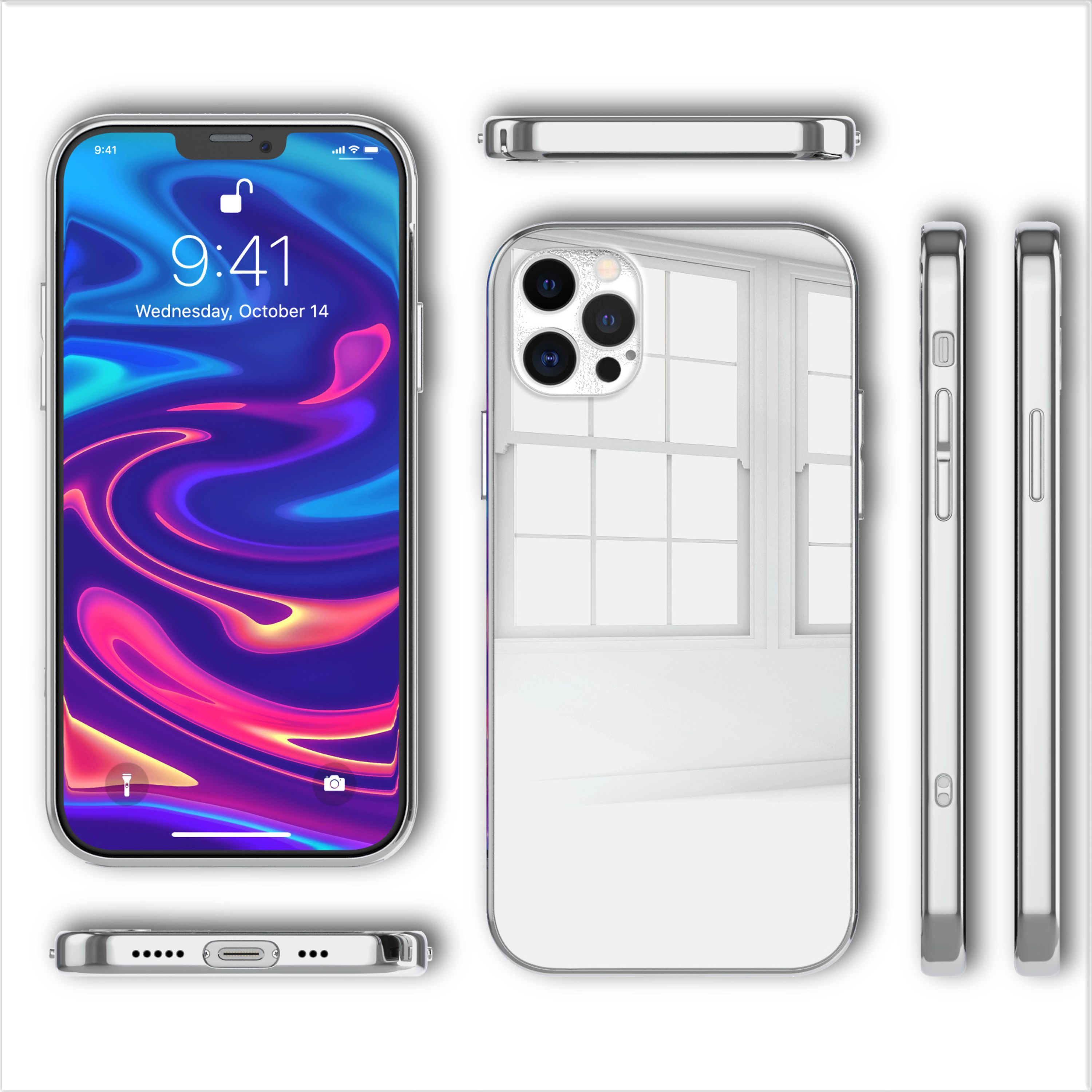 Ein Smartphone mit einem bunten Sperrbildschirm und einer Rückseite mit Fensterreflexion.