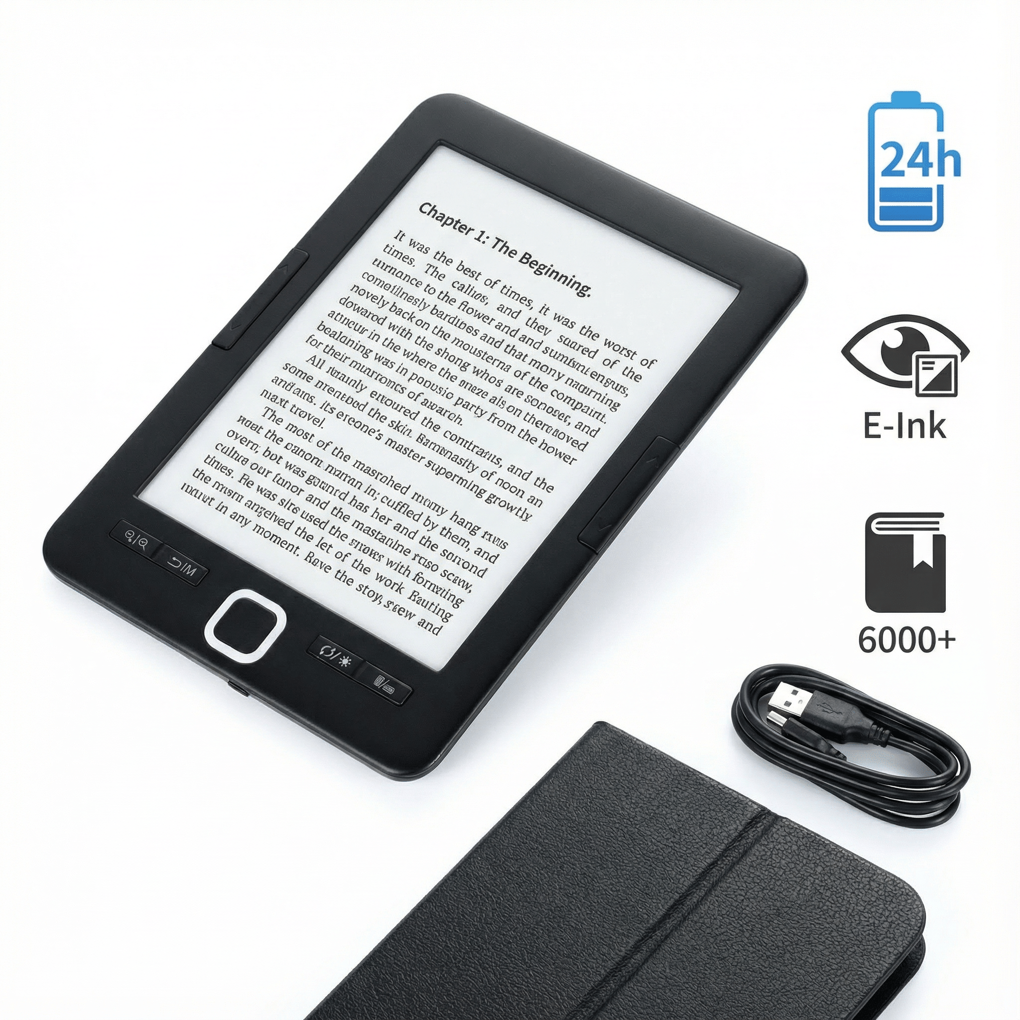 Ein E-Reader mit E-Ink-Display, Ladekabel und Schutzhülle.