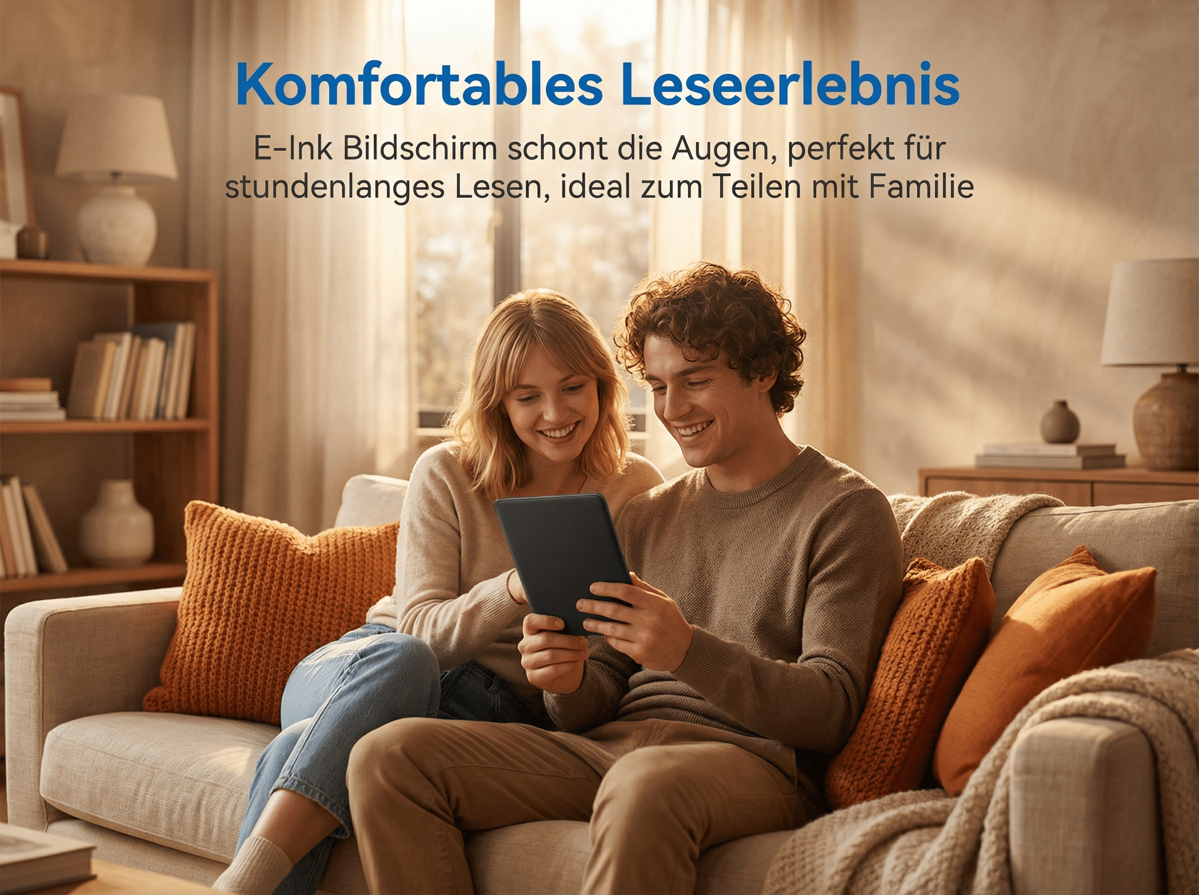 Ein Paar sitzt auf einem Sofa und teilt sich ein E-Reader-Gerät.