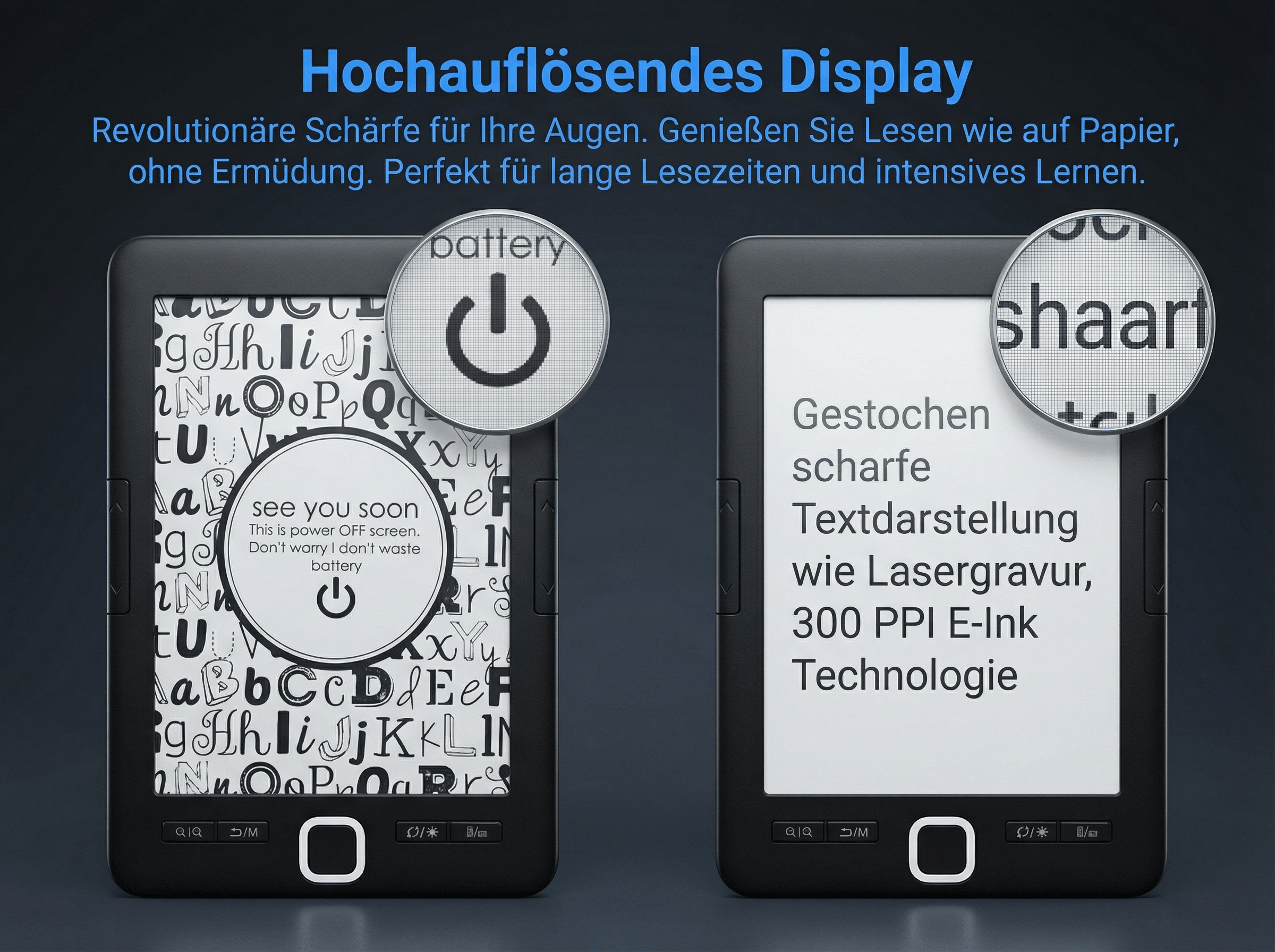 Zwei E-Reader zeigen scharfe Displays, einer mit Akku-Symbol, der andere mit Text.