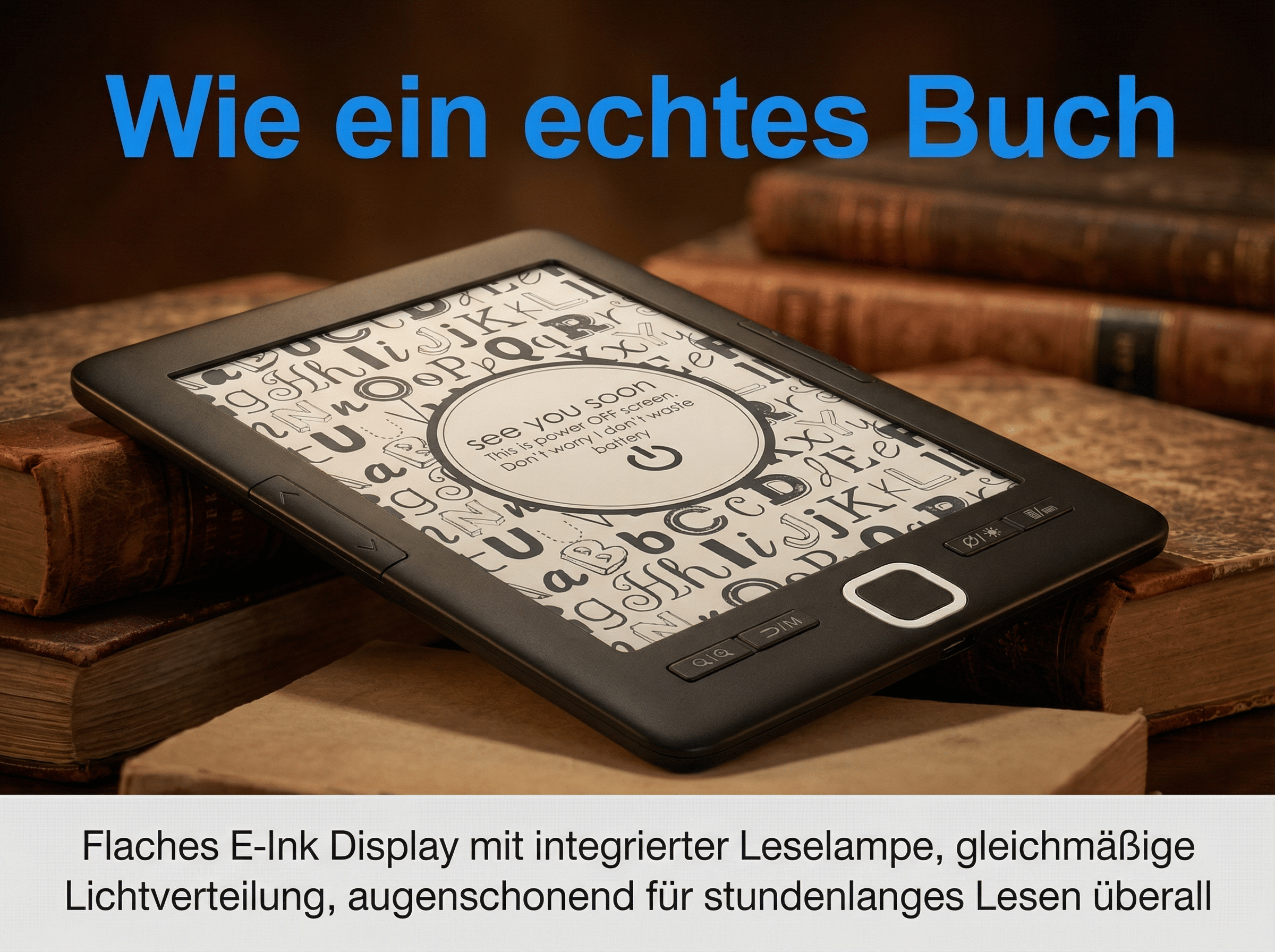 Ein E-Reader liegt auf alten Büchern, mit Text auf dem Bildschirm.