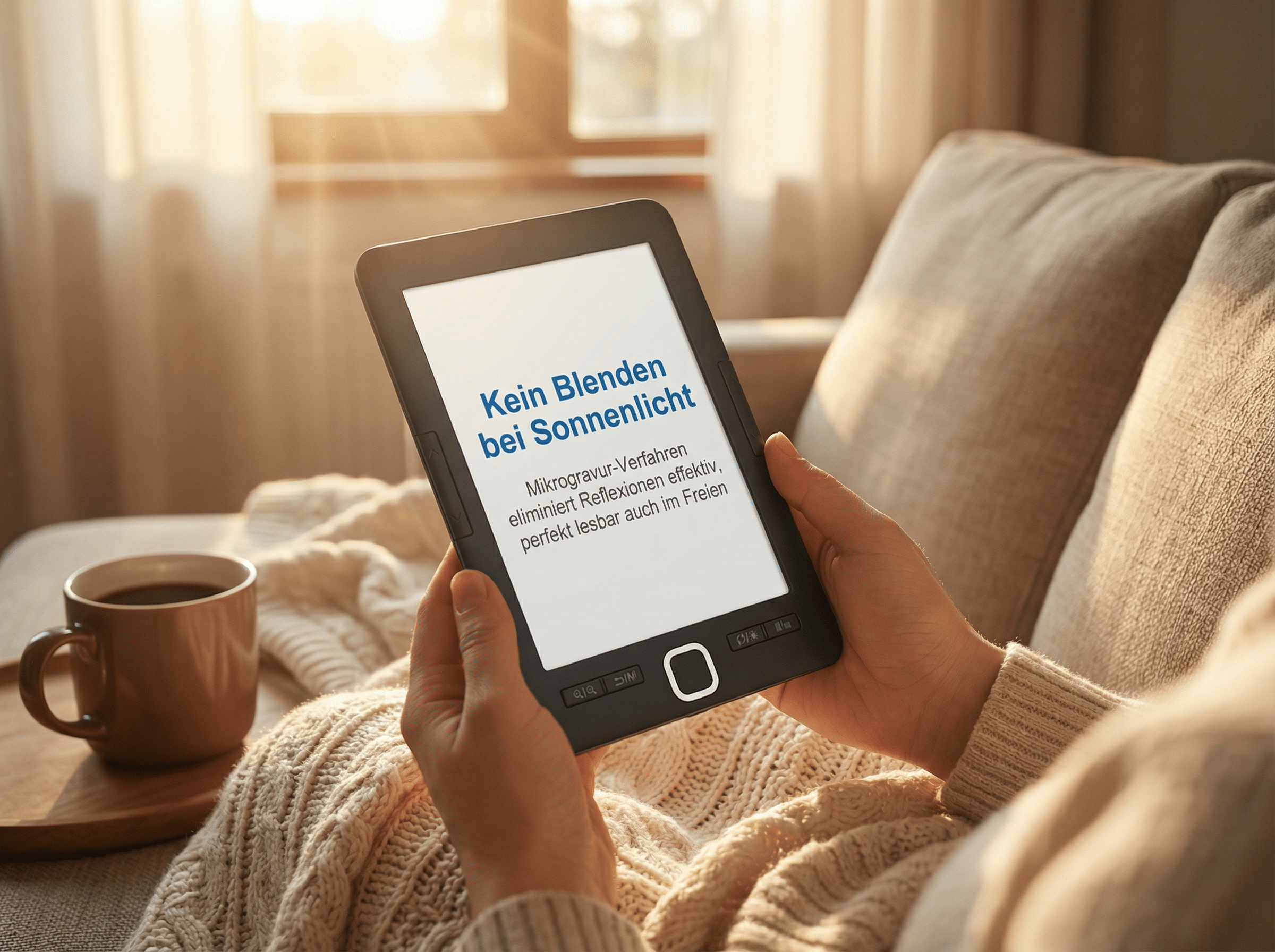 Person liest E-Reader mit Text über Blendfreiheit im Sonnenlicht.