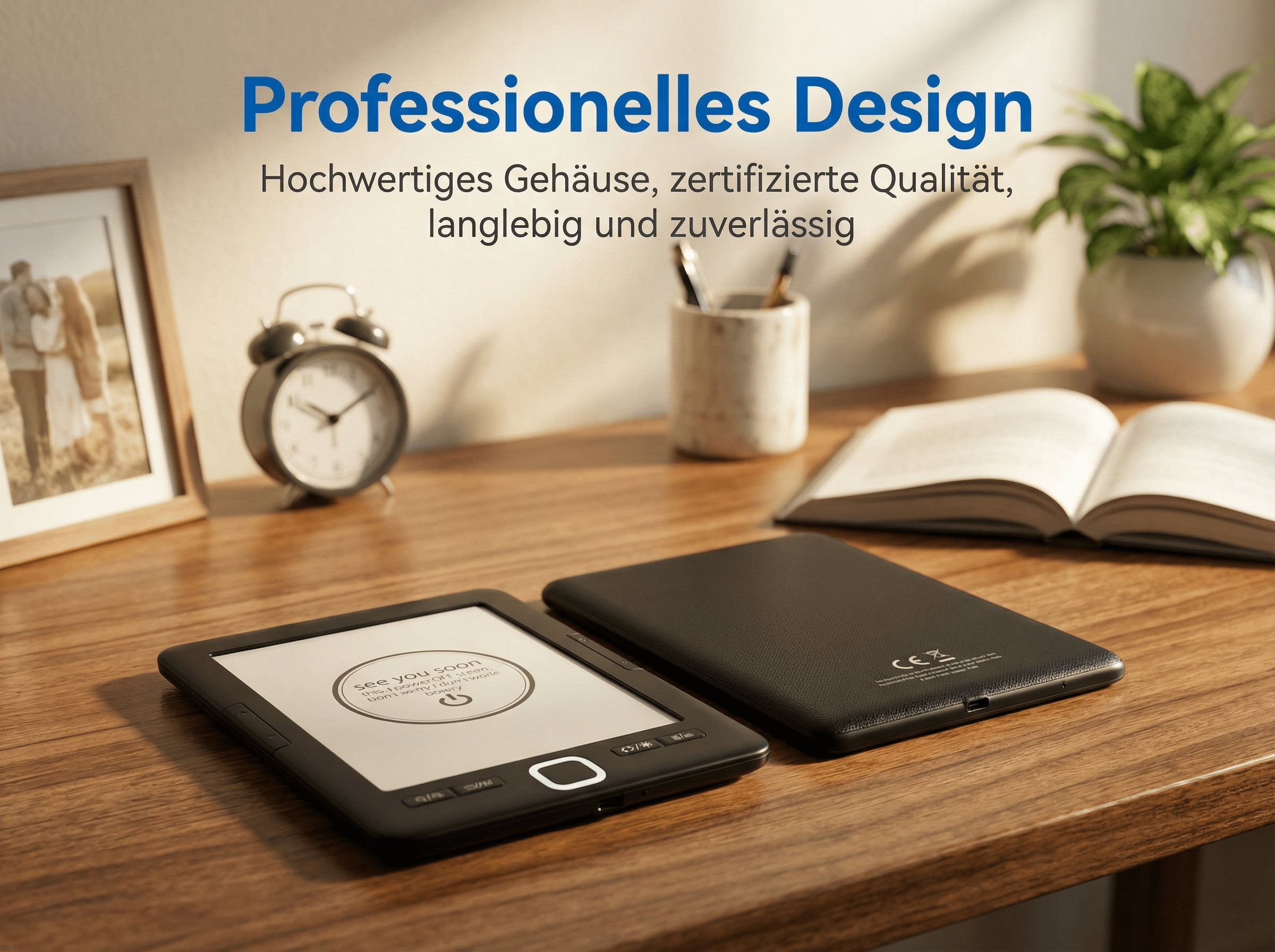 Ein E-Reader mit Text und Symbolen, daneben ein Buch und ein Wecker.