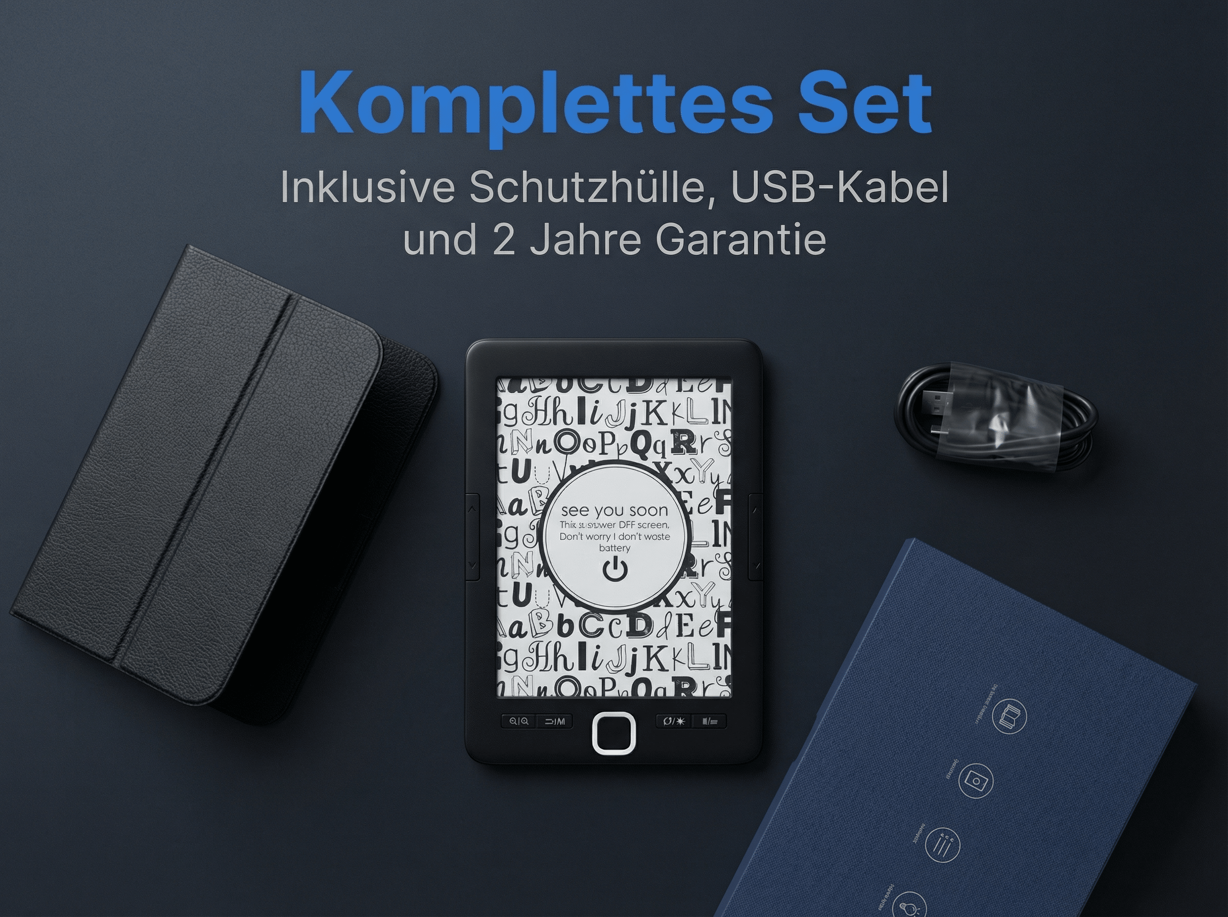 E-Reader mit Hülle, Kabel, Buch und Text auf dem Bildschirm.