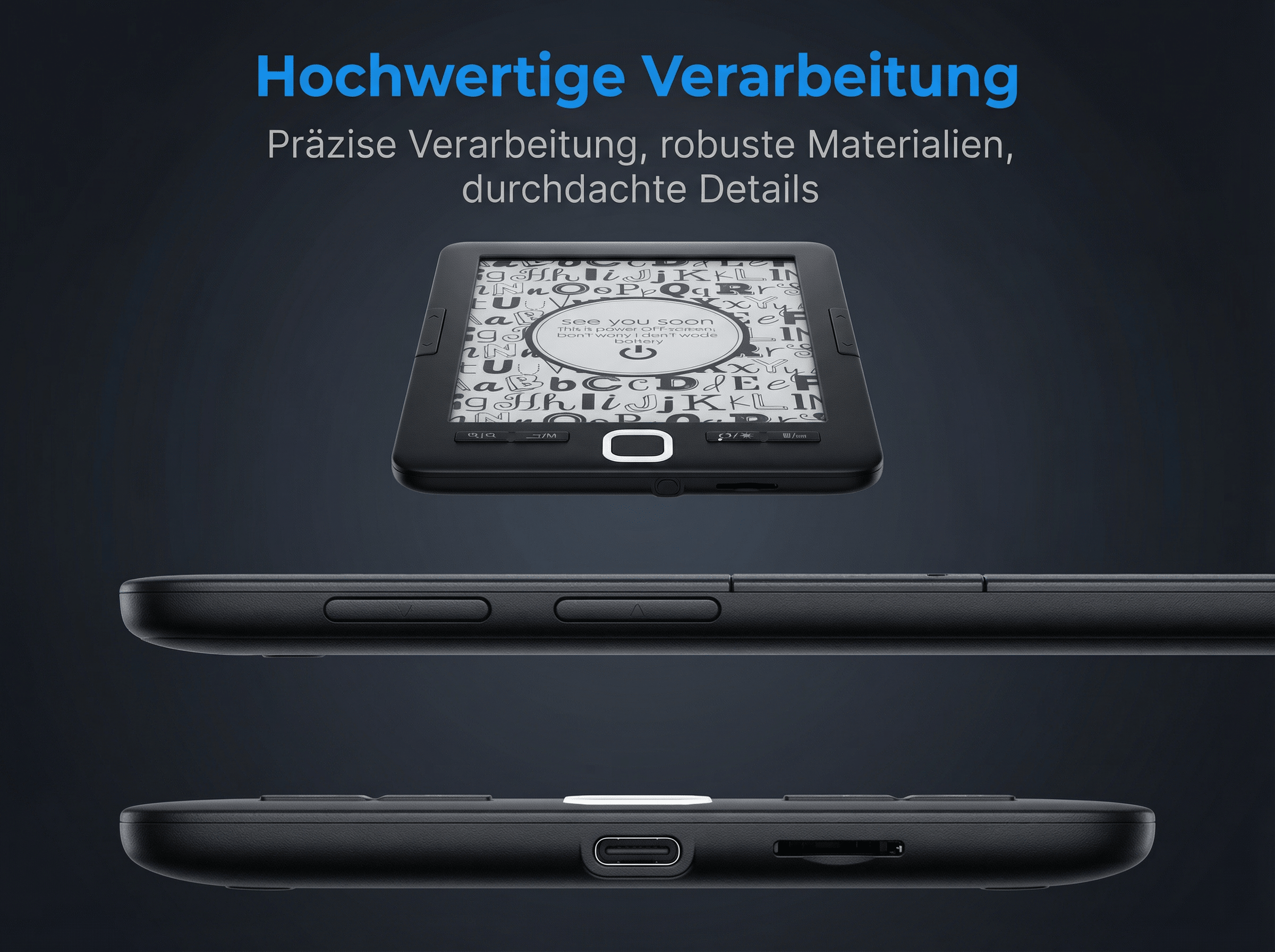 Ein E-Reader mit Schriftzeichen auf dem Bildschirm und Anschlüssen an der Unterseite.