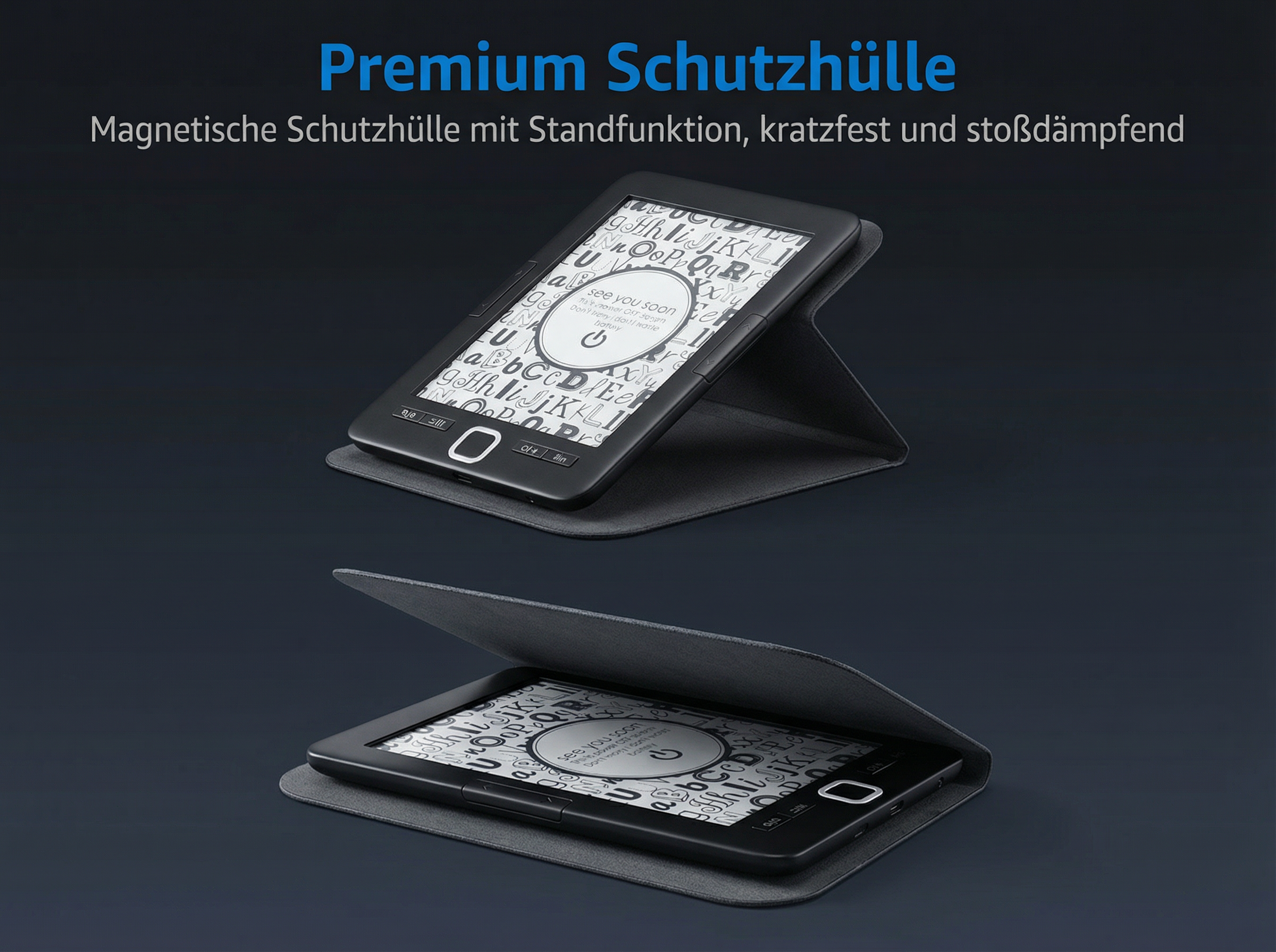 E-Reader in einer grauen Hülle mit Standfunktion, die auf dem Bildschirm ABCs anzeigt.