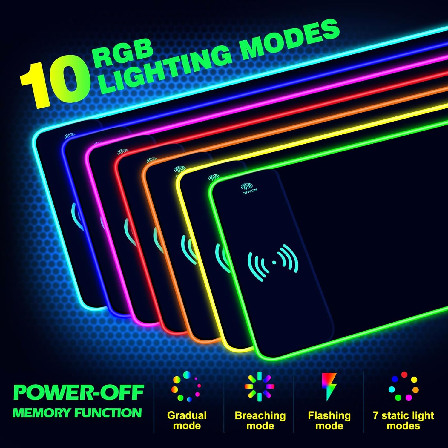 Tappetino mouse gaming RGB con 10 modalità di illuminazione e ricarica wireless.