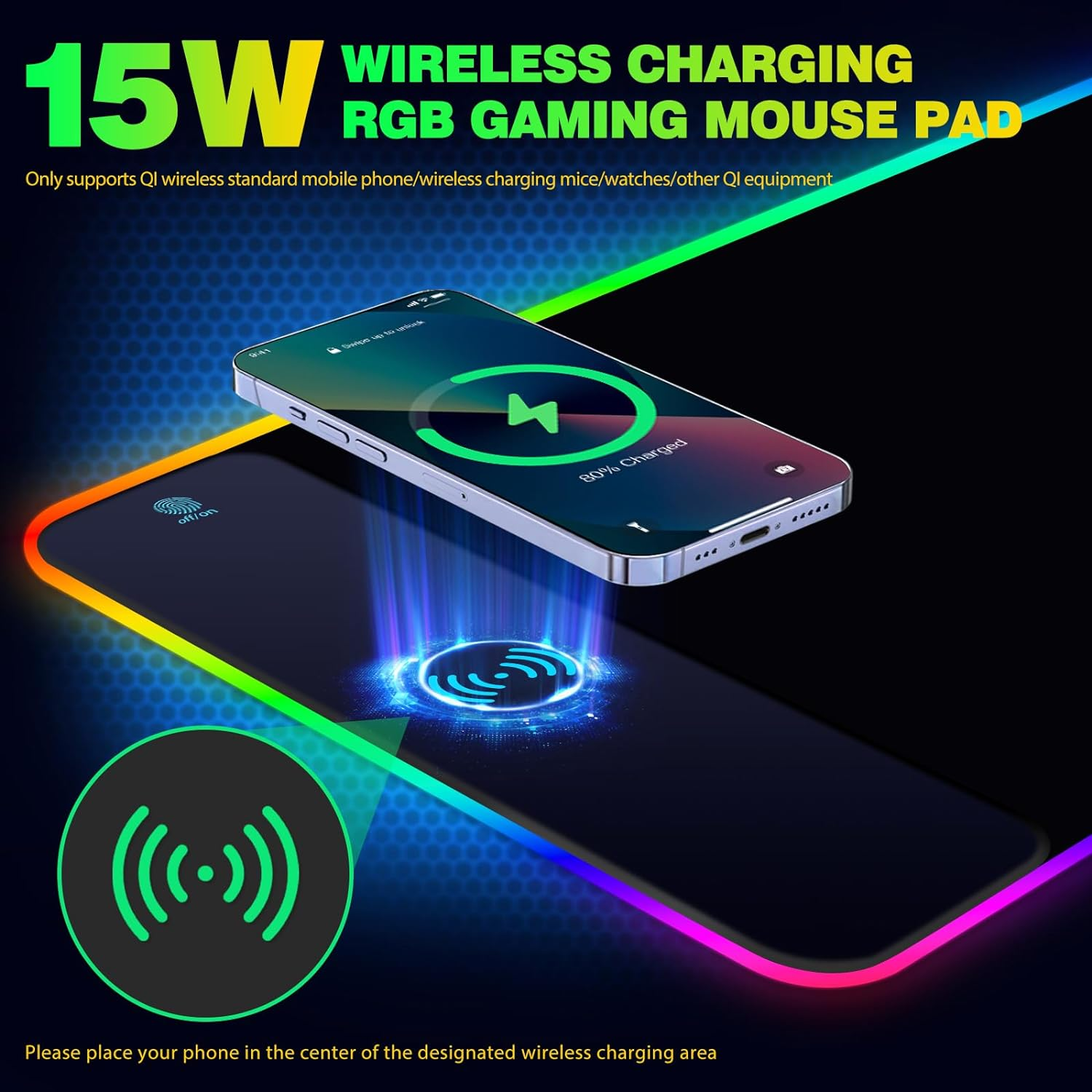 Tappetino mouse gaming RGB 15W con ricarica wireless. Un telefono si carica.