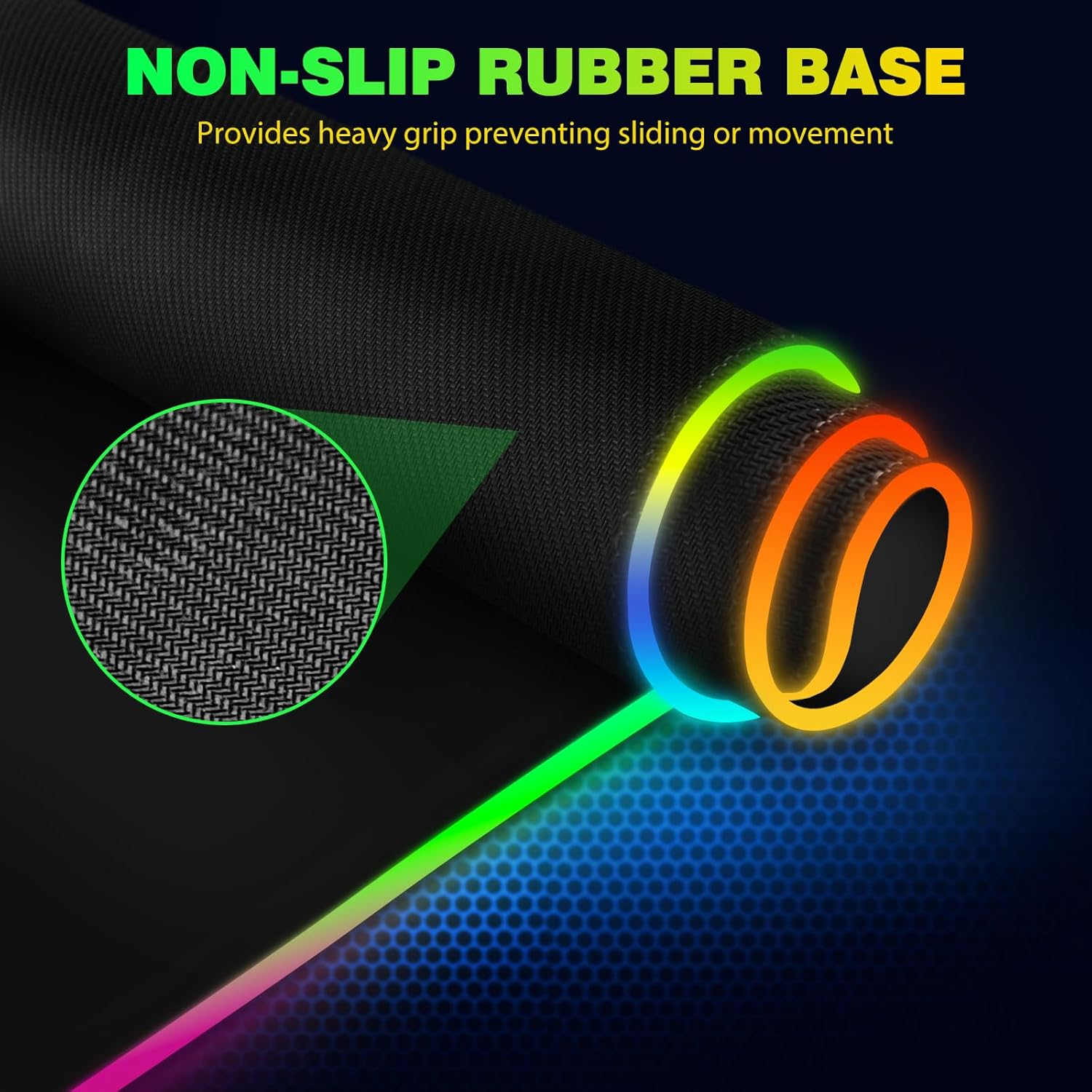 Tappetino per mouse nero con base in gomma antiscivolo e illuminazione RGB.