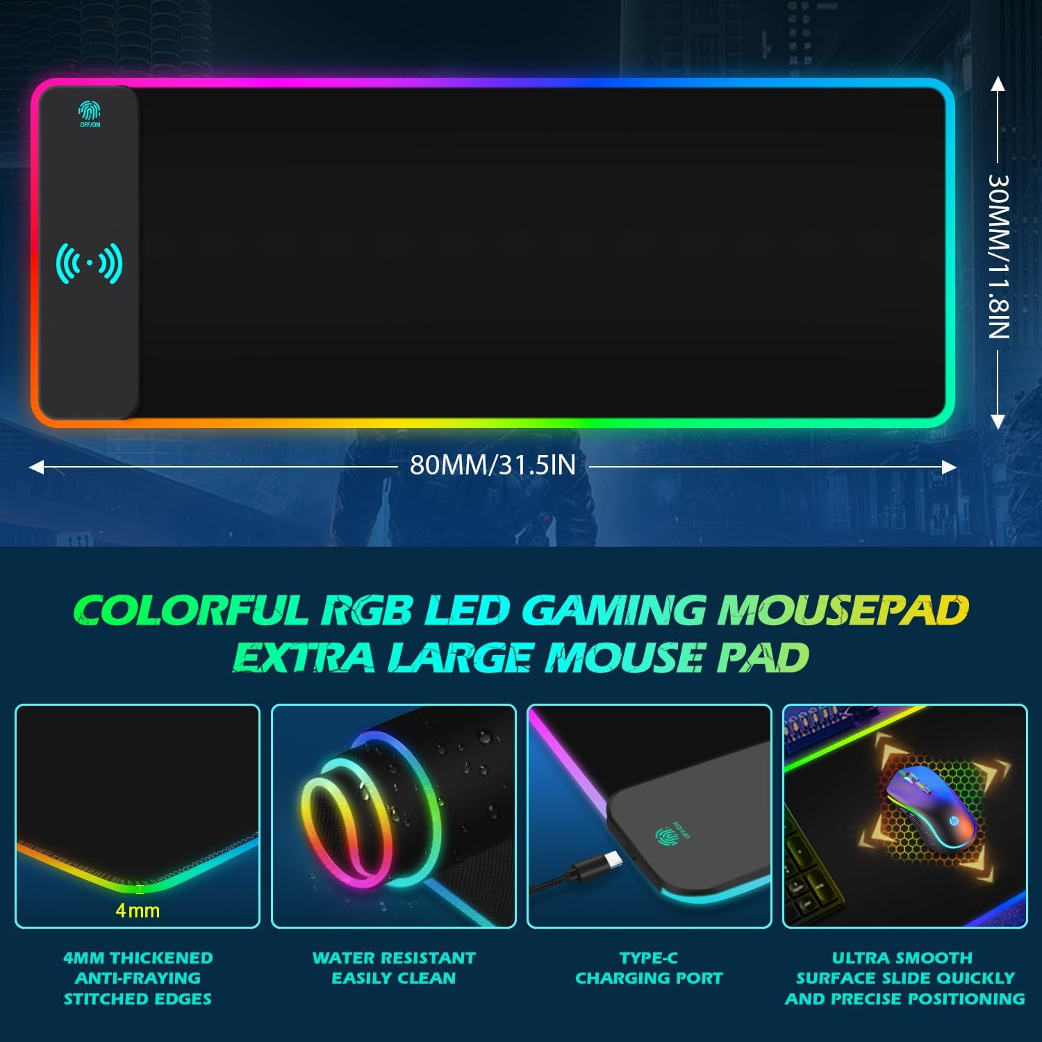 Grande tappetino per mouse gaming RGB con ricarica wireless e porta Type-C.