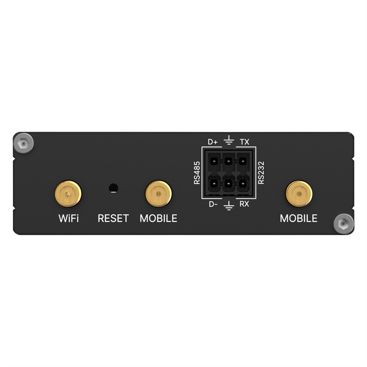 Czarne urządzenie z portami WiFi, Reset, Mobilnym i RS485/RS232.