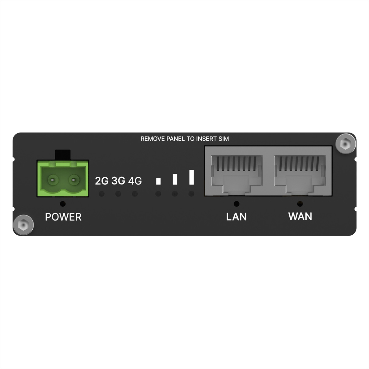 Urządzenie z wejściem zasilania, diodami 2G/3G/4G, gniazdem SIM i portami LAN/WAN.