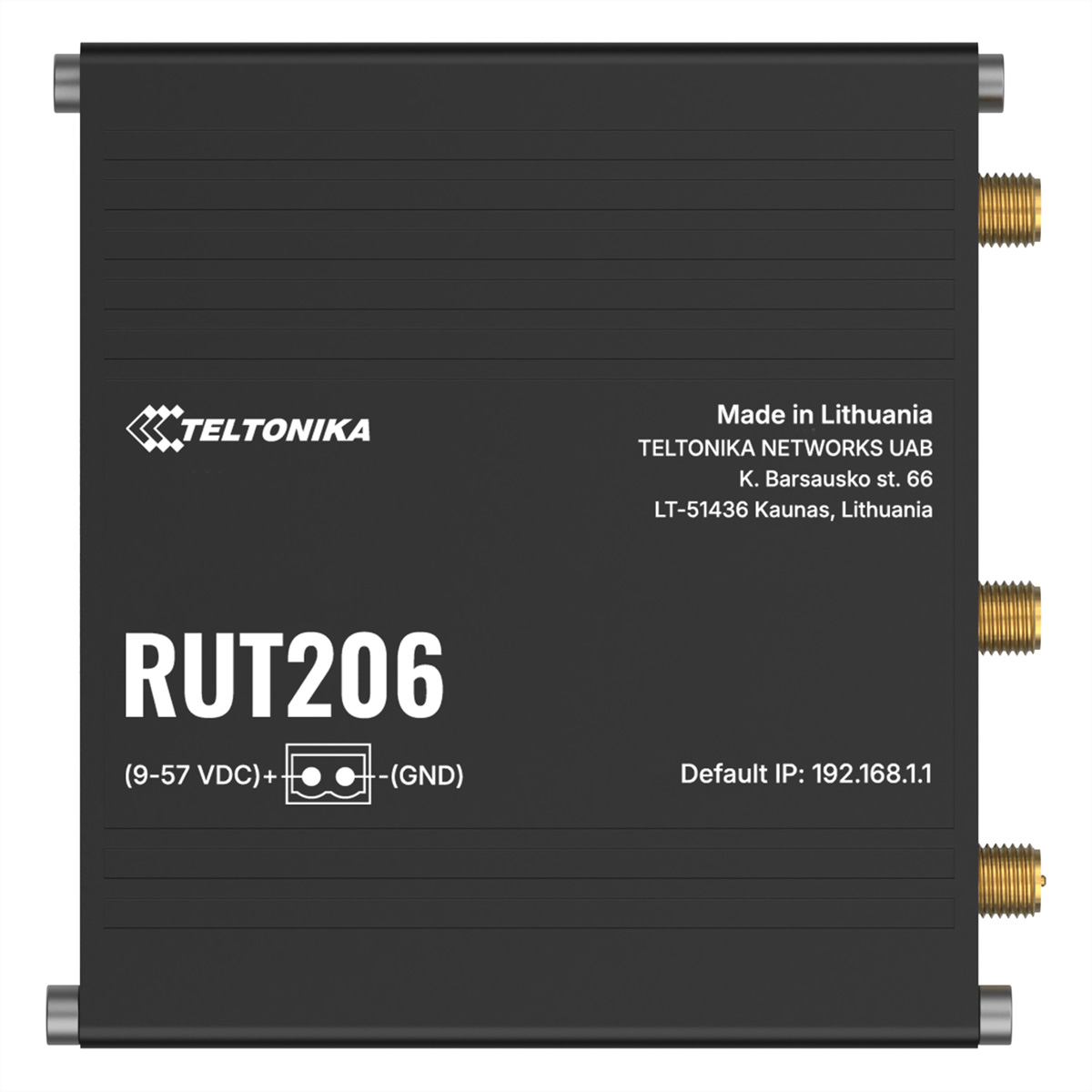 Czarny router Teltonika RUT206 ze złączami i etykietami.