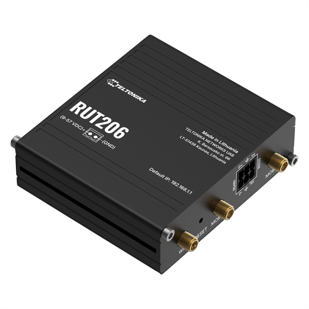Czarny router Teltonika RUT206 z portami i etykietami.