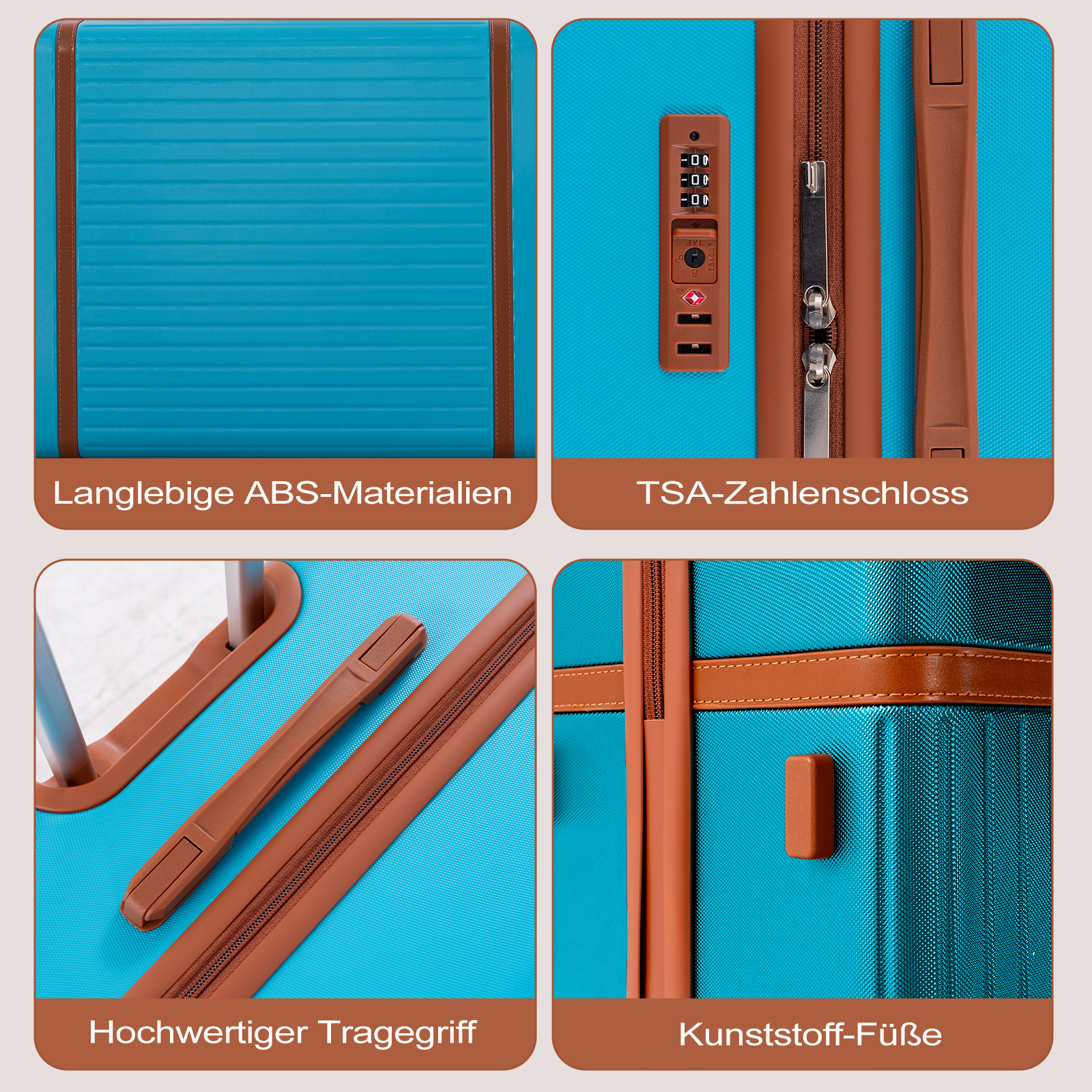 Vier Ausschnitte eines blauen Koffers mit braunen Akzenten: Material, Schloss, Griff und Füße.