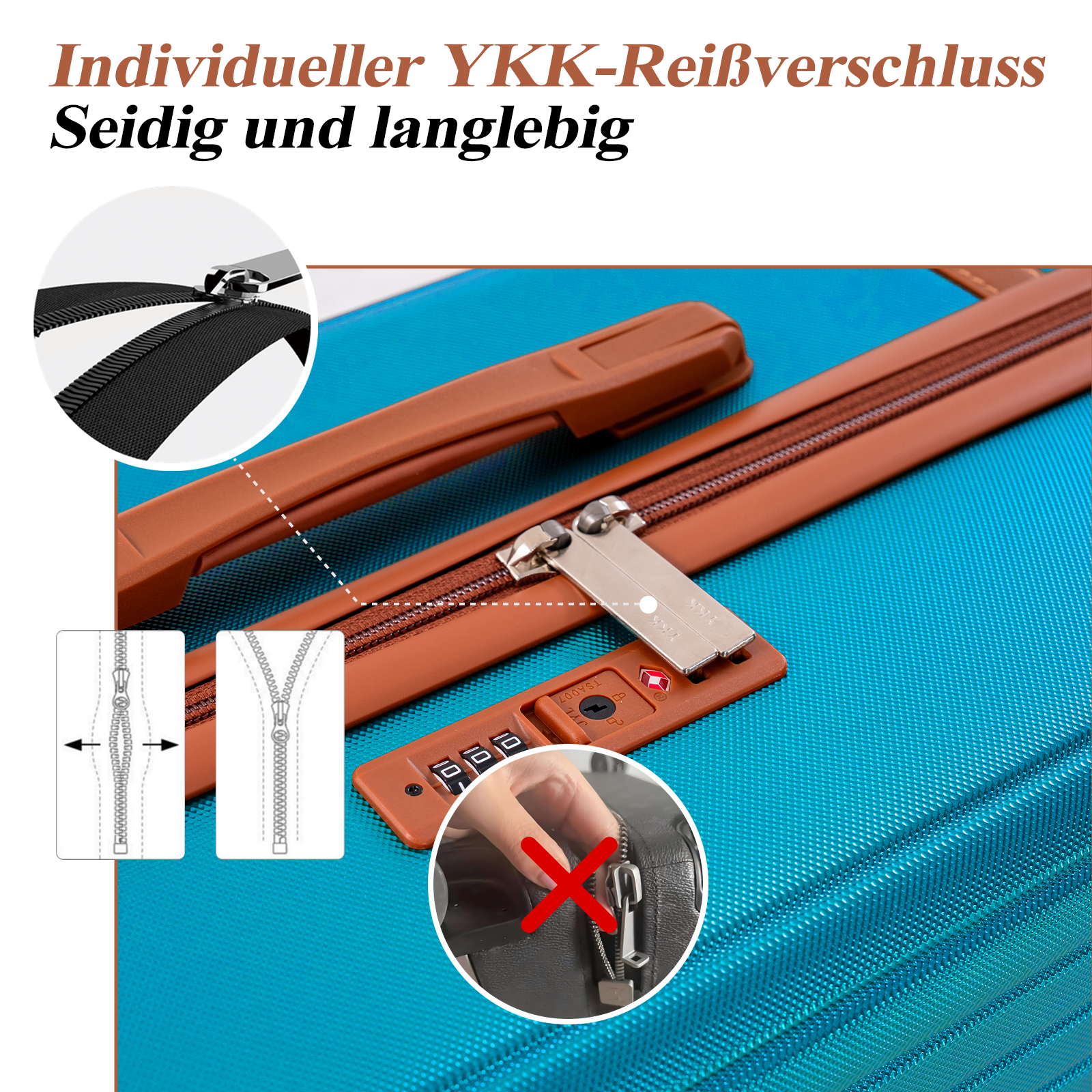 Detailansicht eines blauen Koffers mit braunen Griffen und einem YKK-Reißverschluss.