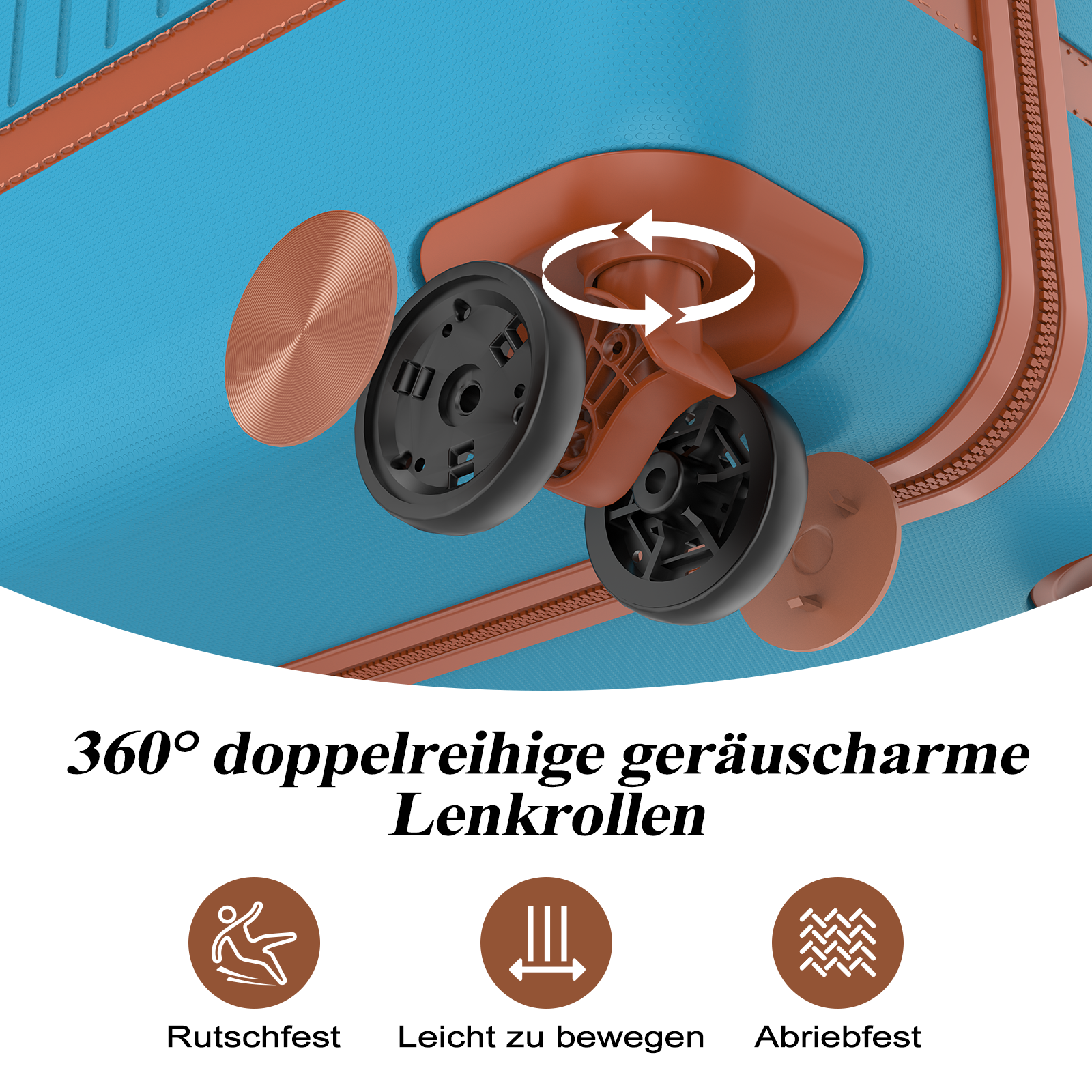 Nahaufnahme eines drehbaren Koffers mit blauen und braunen Farben.