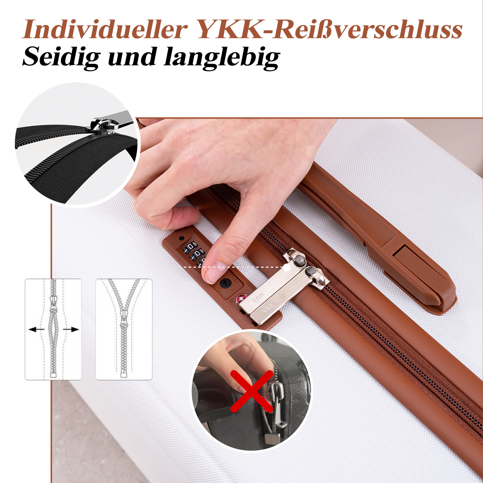Nahaufnahme eines Koffers mit YKK-Reißverschluss und Zahlenschloss.