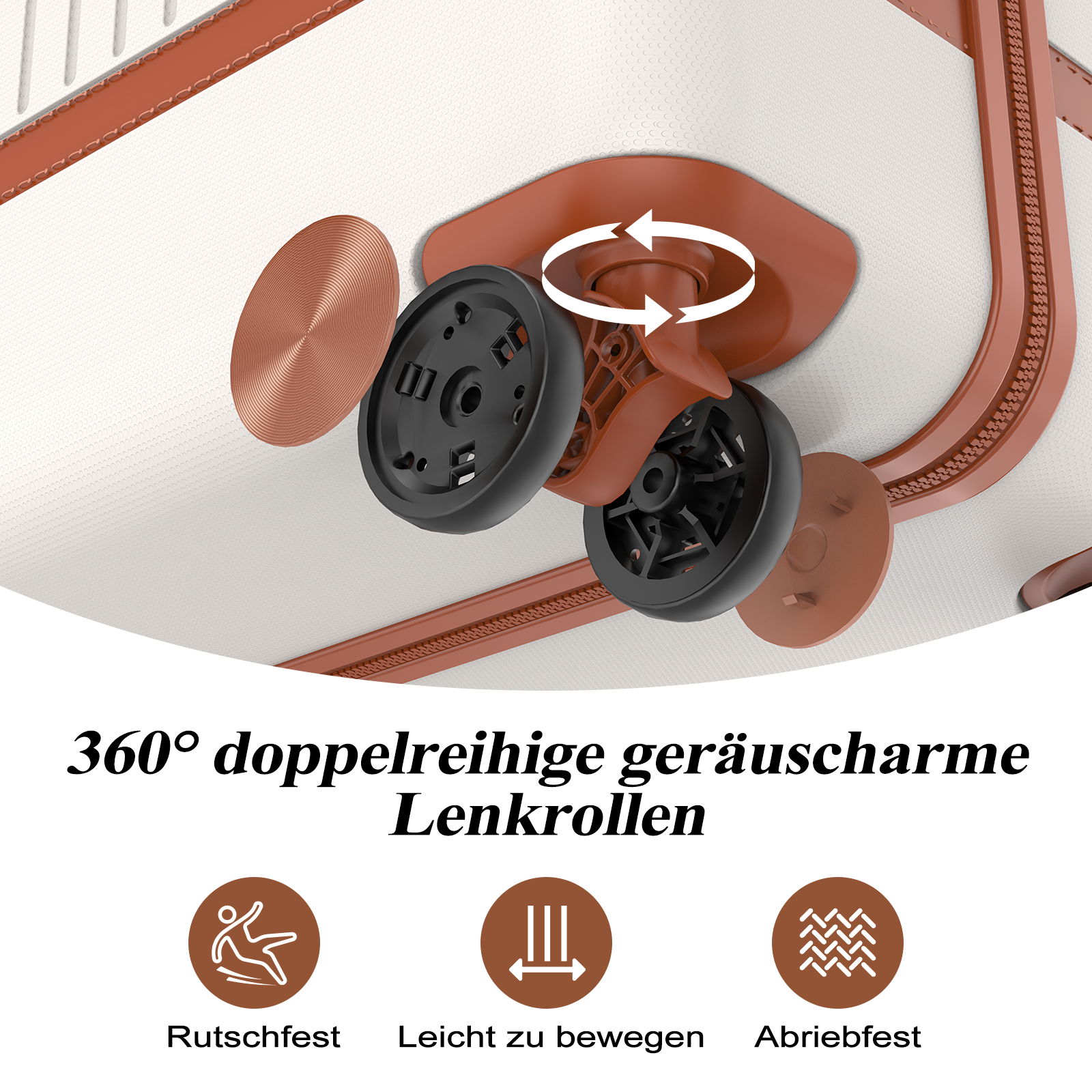 Nahaufnahme eines Koffers mit 360° lenkbaren Rädern und Symbolen für Rutschfestigkeit.