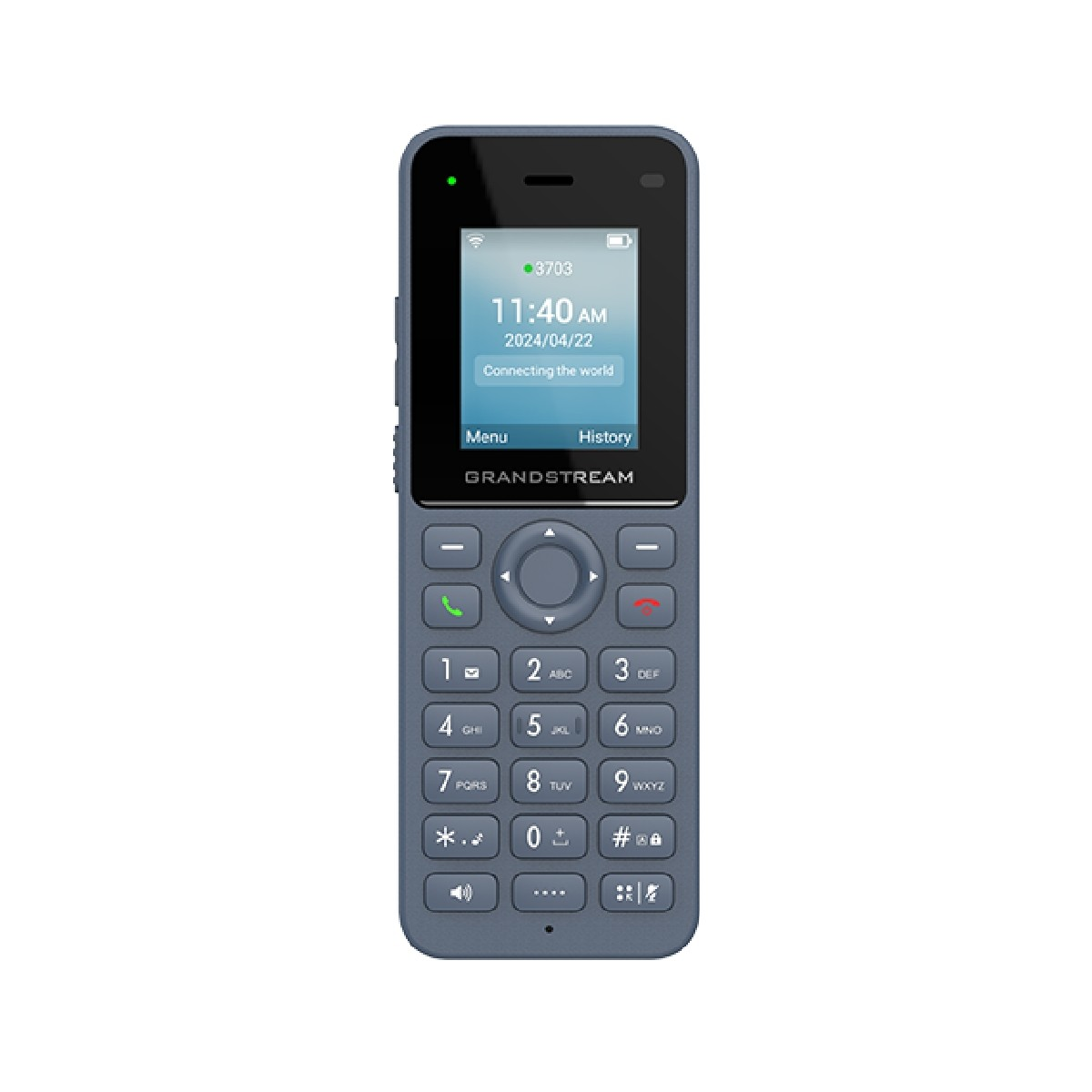 Un telefono cellulare Grandstream grigio con ampio schermo e tastiera.