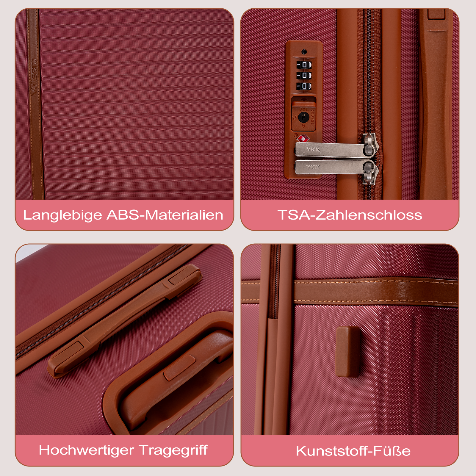 Vier Detailansichten eines roten Koffers: Material, Schloss, Griff und Füße.