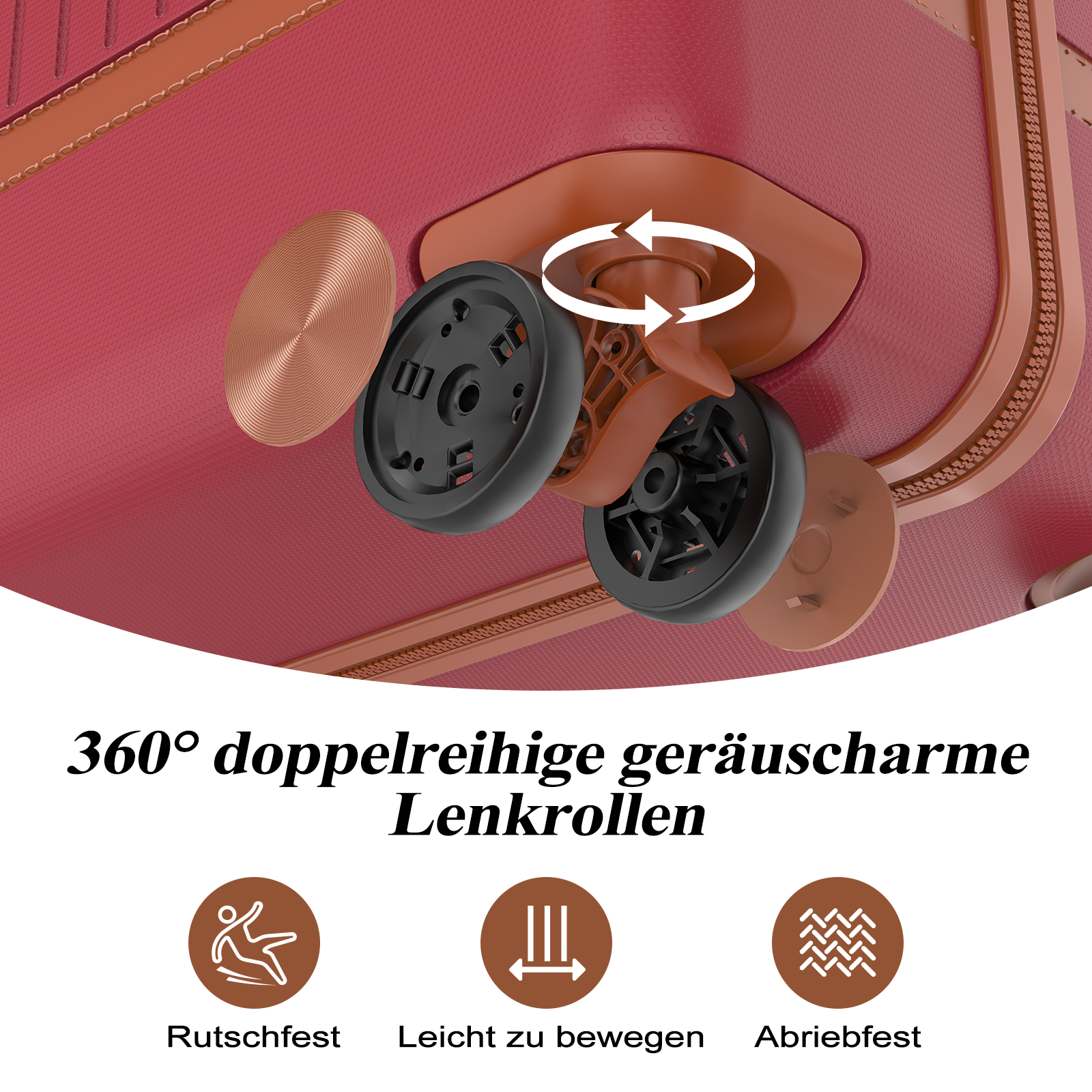 Nahaufnahme von Kofferrädern, die 360° drehbar sind.
