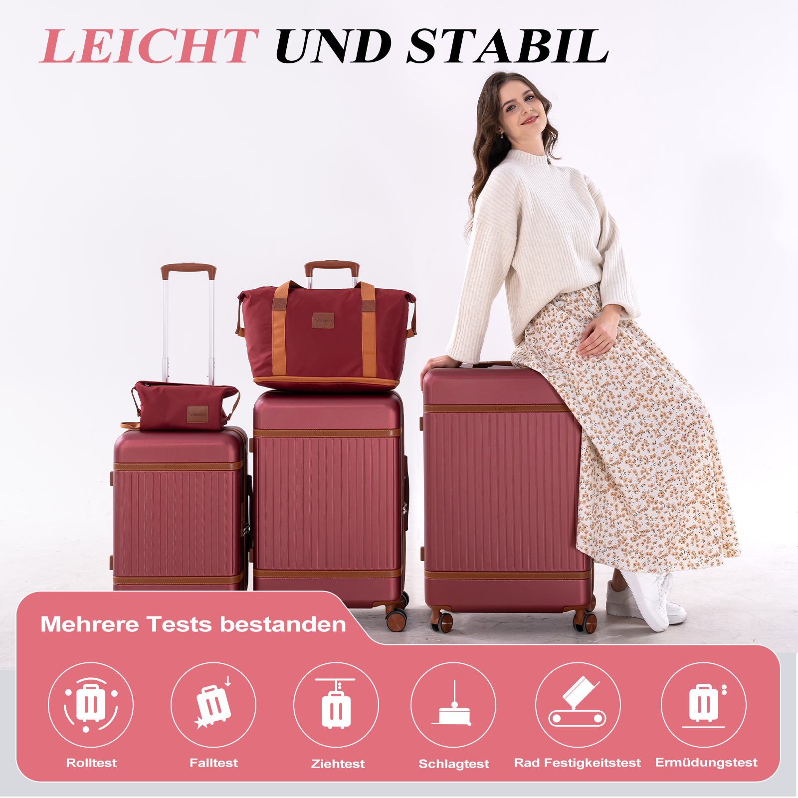 Frau sitzt auf einem Koffer neben Reisegepäck. "Leicht und Stabil".