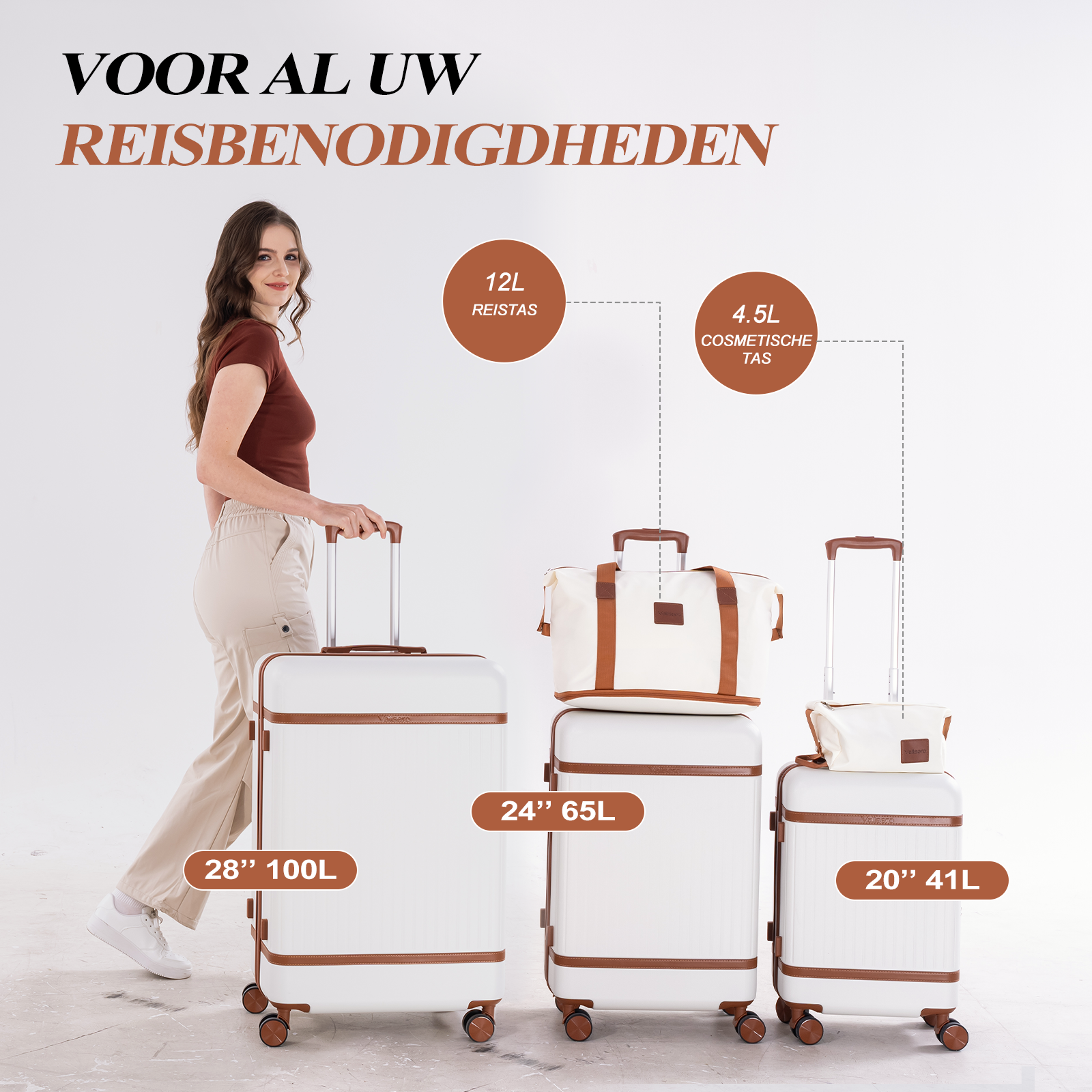 Woman with white luggage: 28" 100L, 24" 65L, 20" 41L suitcases.