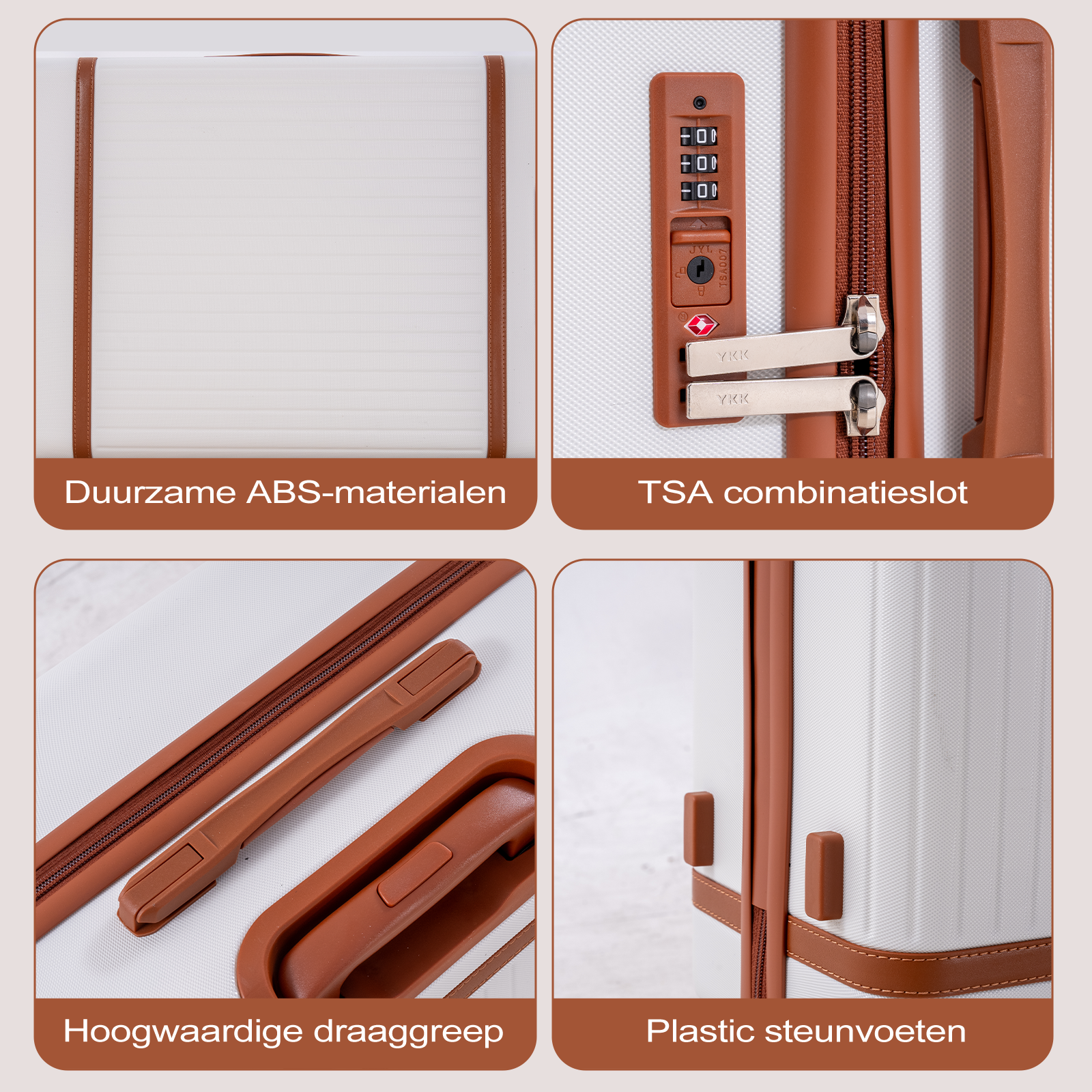 Four detail shots of a white suitcase with brown accents.
