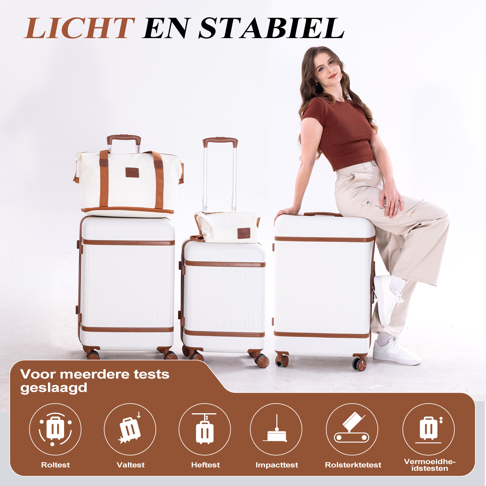A woman sits on a white suitcase. Several white suitcases are displayed.