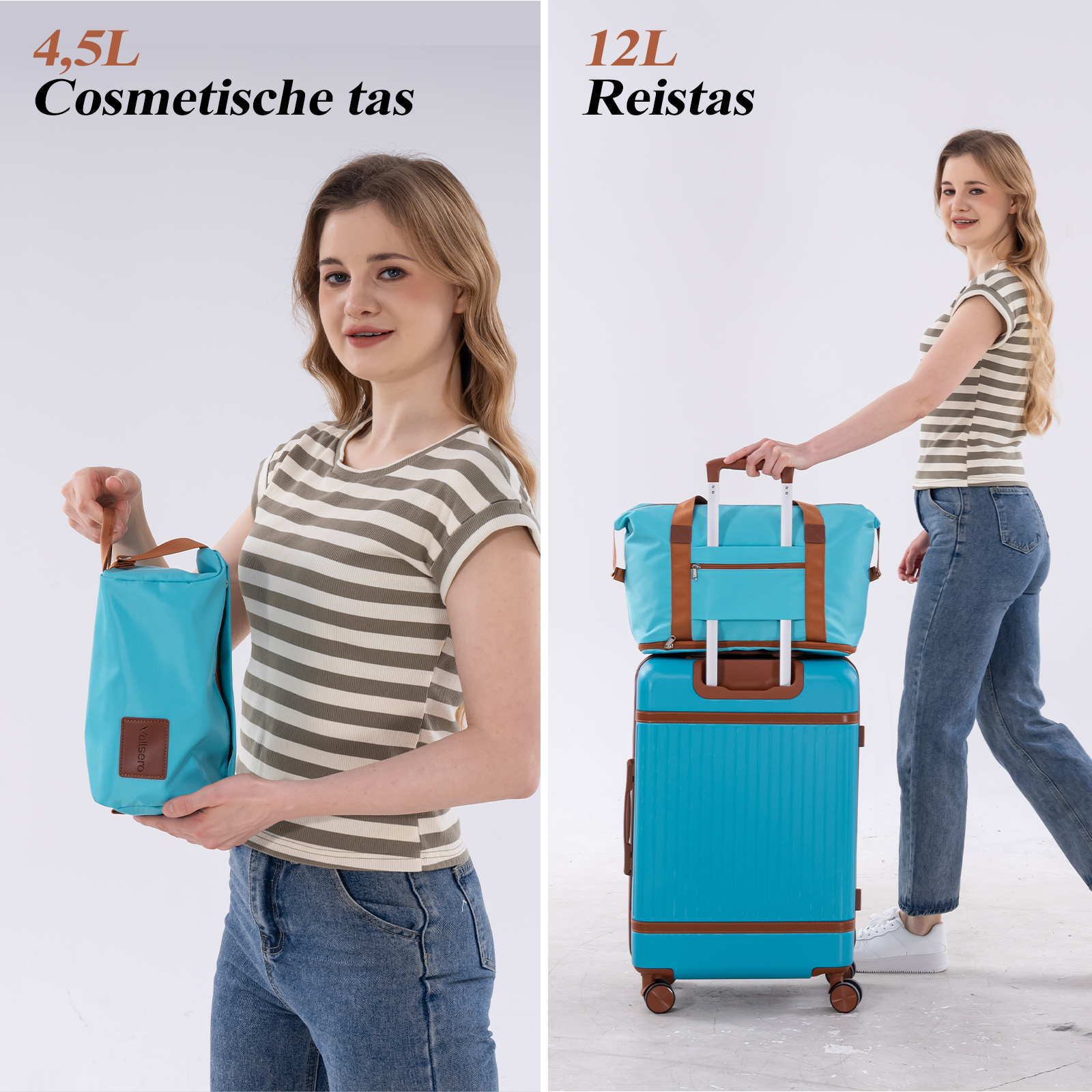 Woman holding a blue cosmetic bag and a turquoise travel bag on a suitcase.