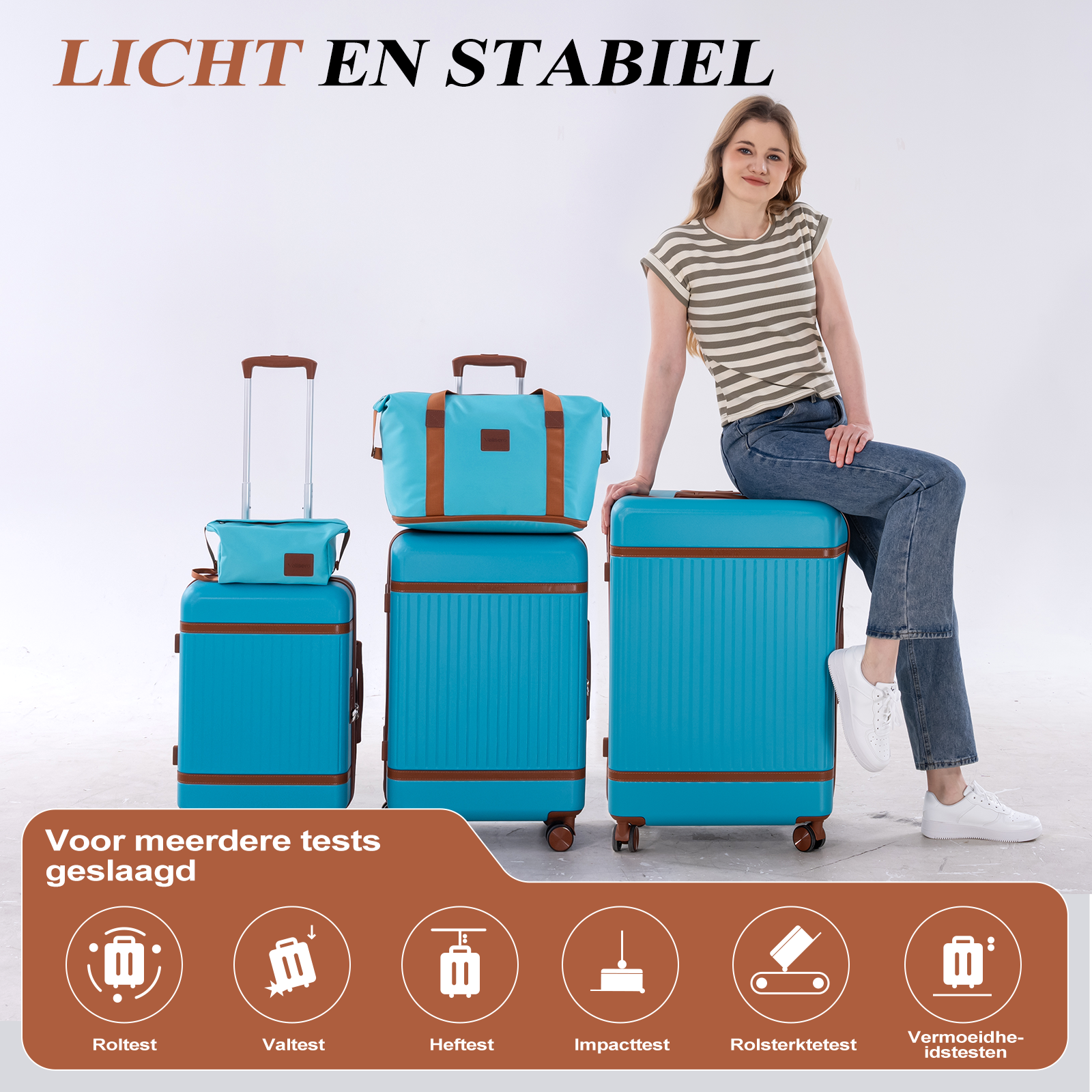 A woman sits on a blue suitcase. Several suitcases are beside her.
