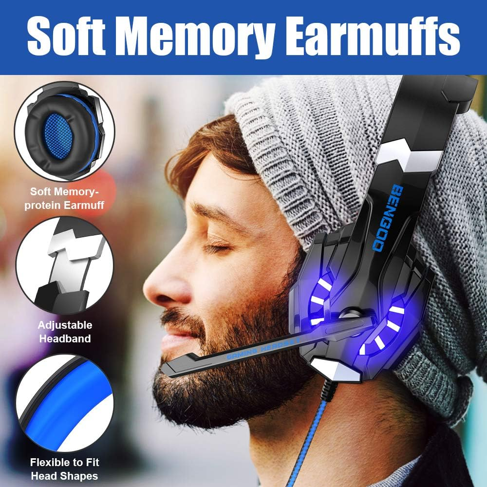 Uomo con cuffie nere e luci blu. Caratteristiche mostrate: paraorecchie, fascia.