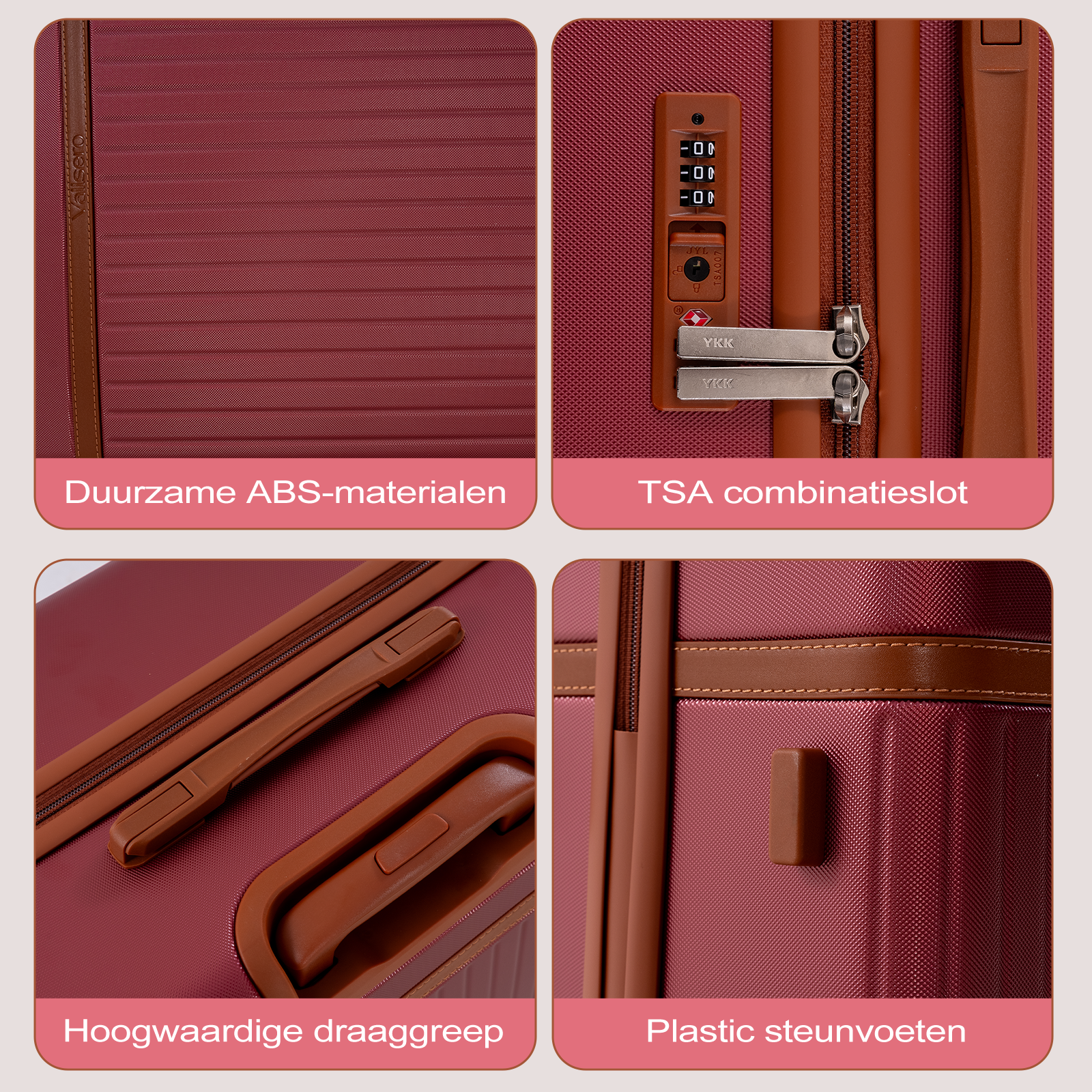 Four views of a red suitcase: material, lock, handle, and feet.