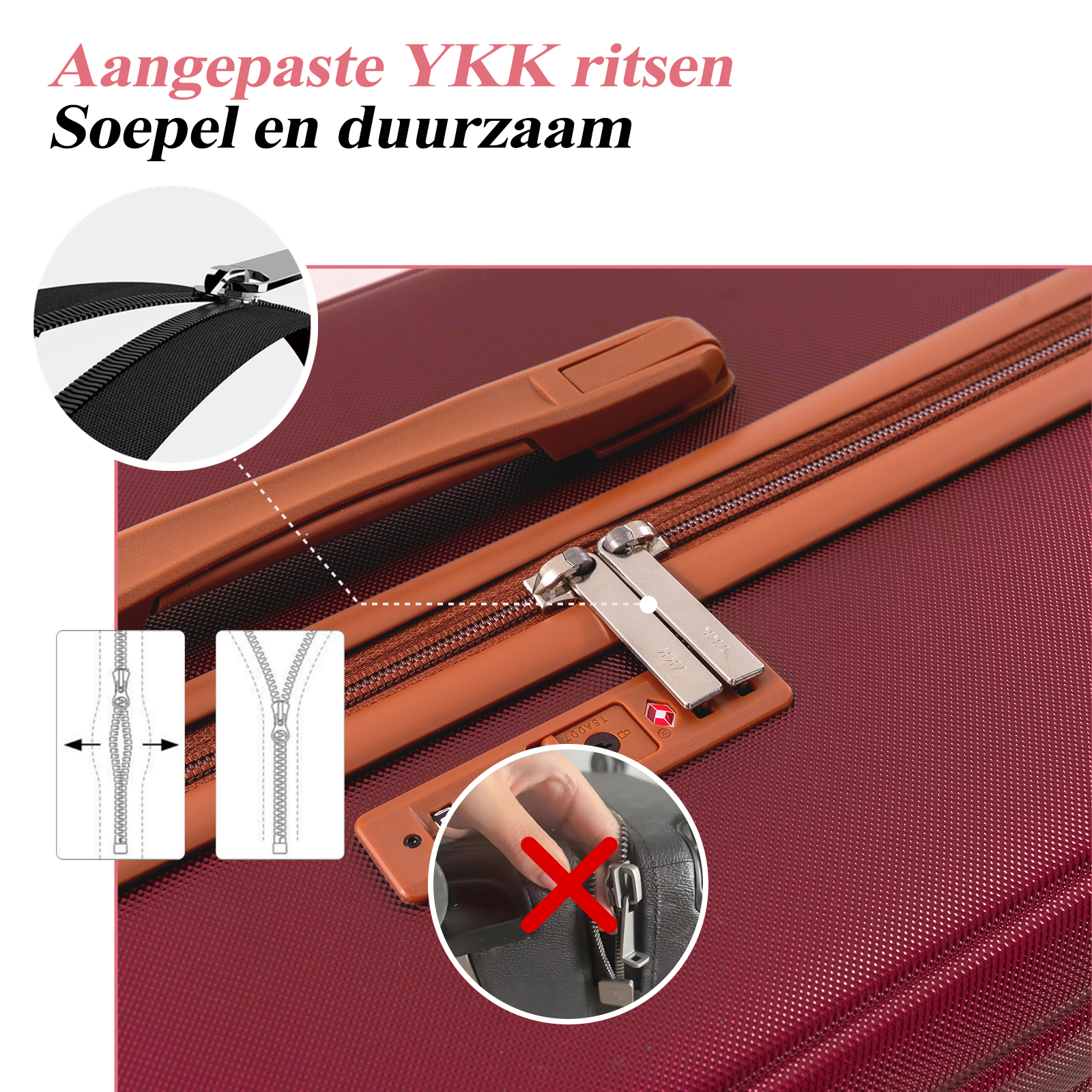 Close-up of a red suitcase featuring a YKK zipper, TSA lock, and accessories.