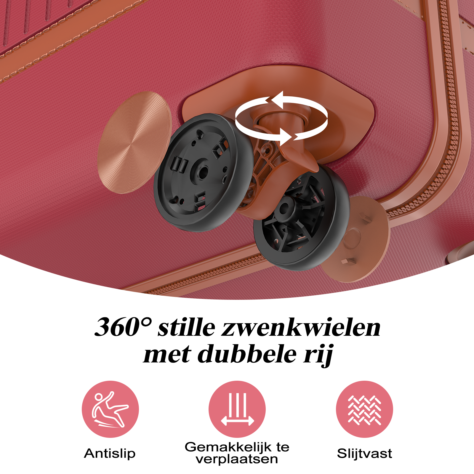 A red suitcase with black 360-degree wheels and copper accents.
