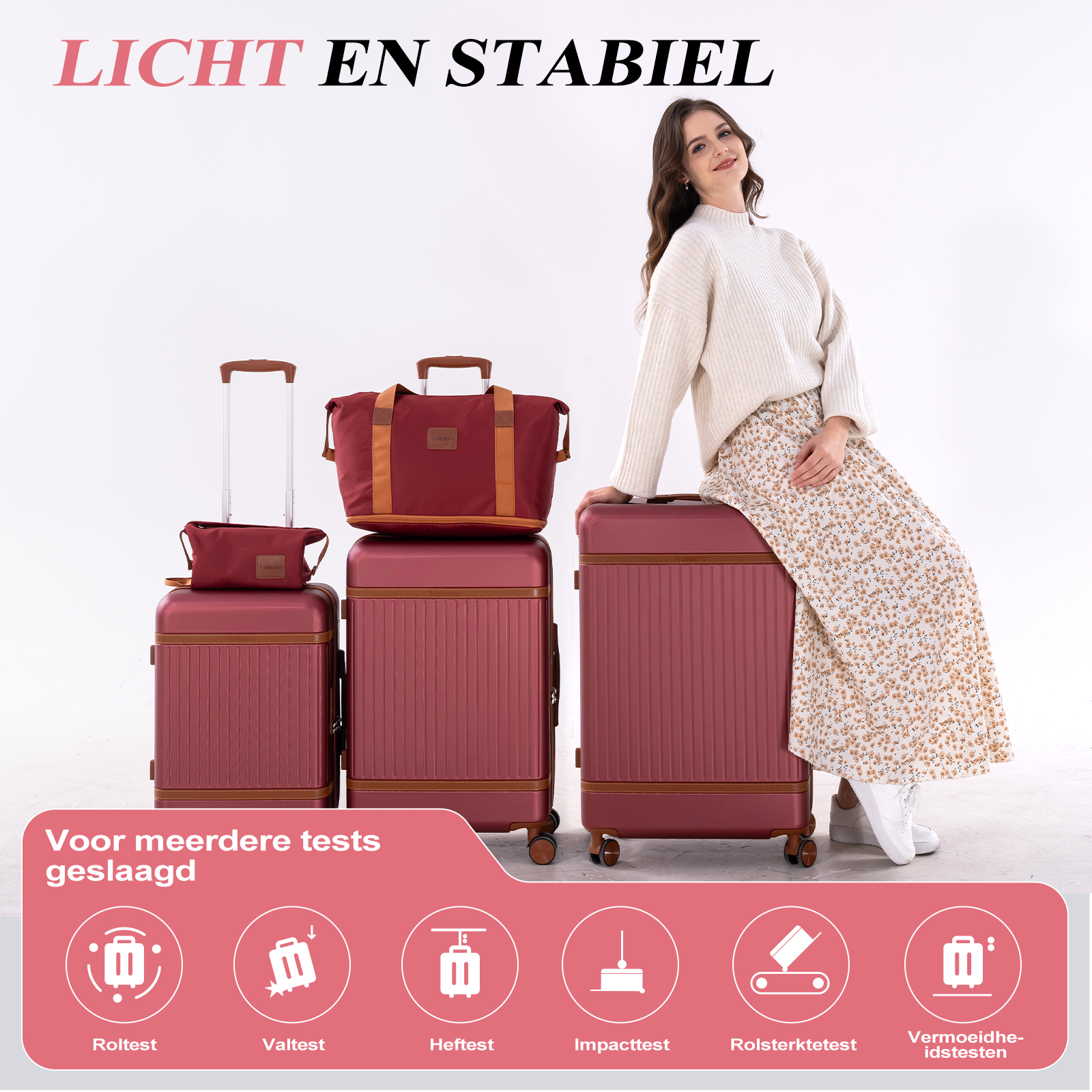 A woman sits on a red suitcase, surrounded by luggage. Various test icons.