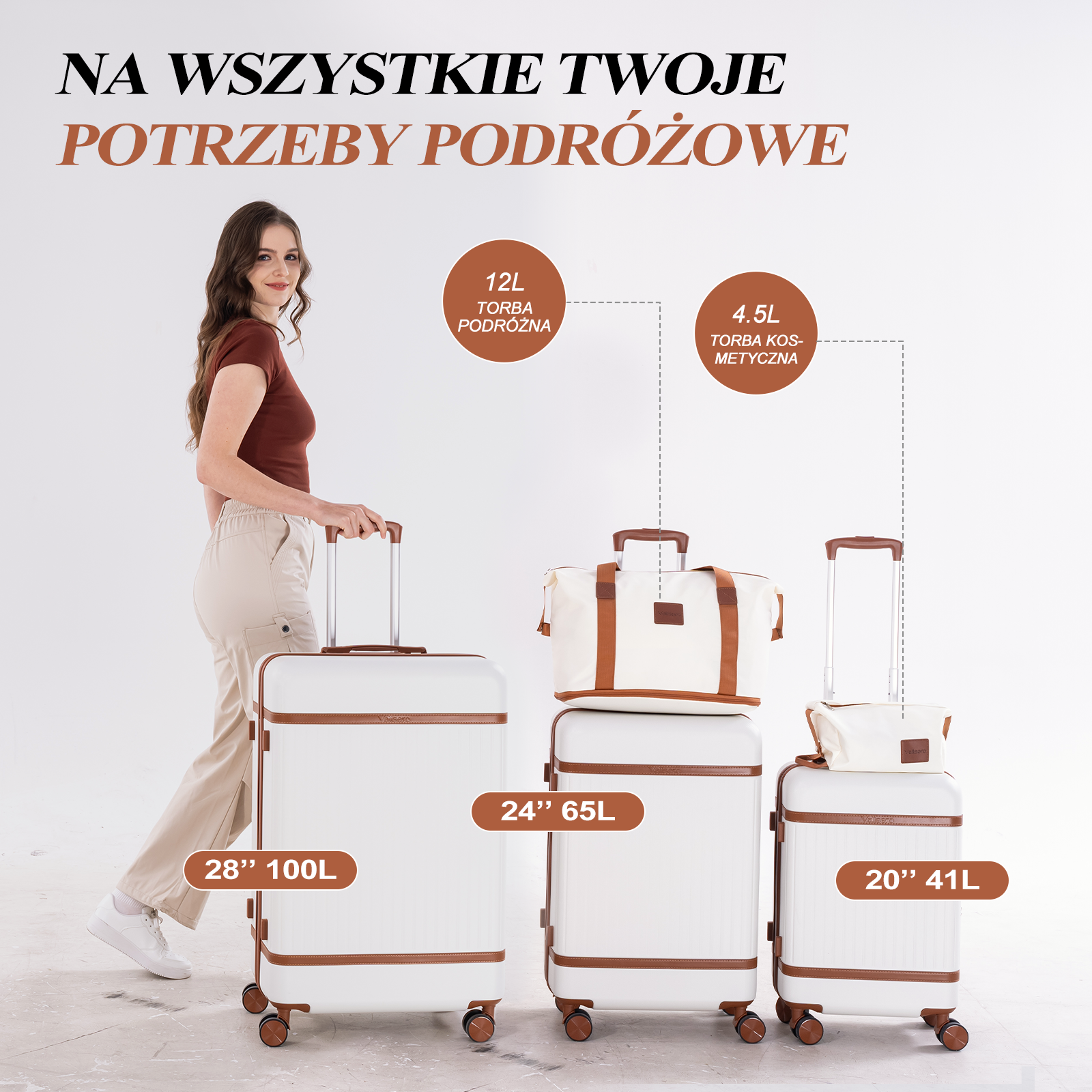 Kobieta z bagażem: walizki 28" 100L, 24" 65L i 20" 41L.