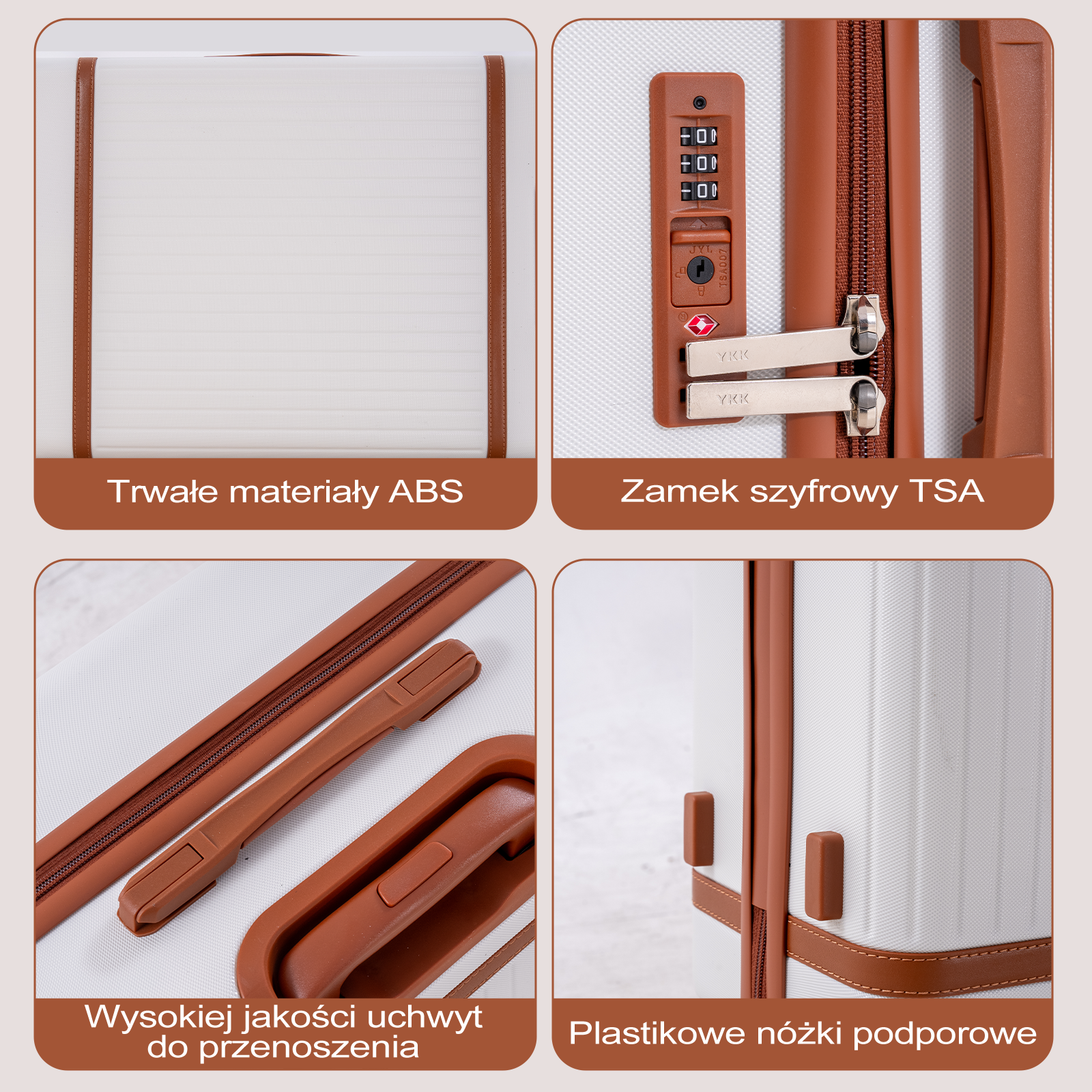 Biała walizka z brązowymi akcentami, zamkiem TSA i uchwytem.
