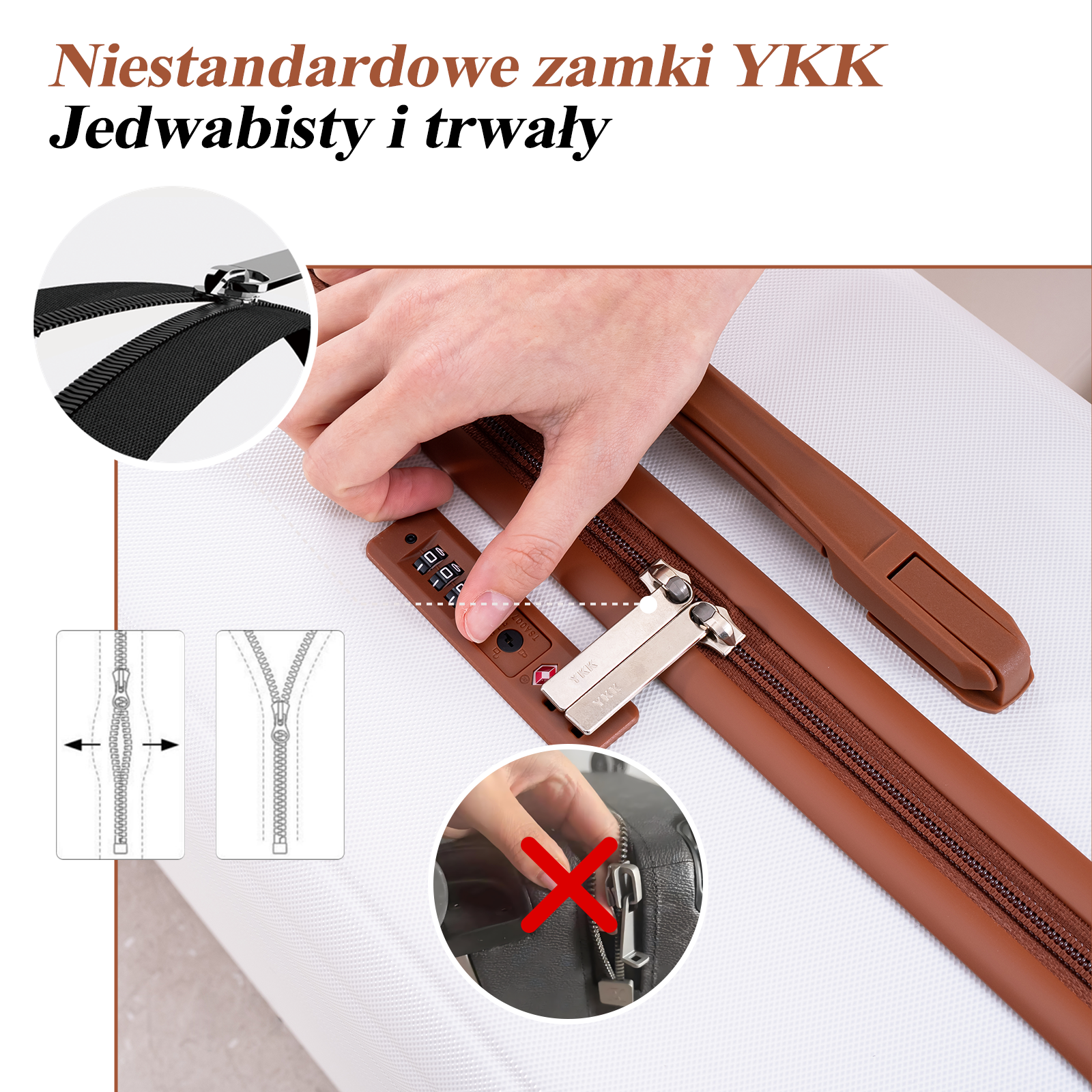 Zbliżenie walizki z zamkami YKK, kłódką szyfrową i suwakami.