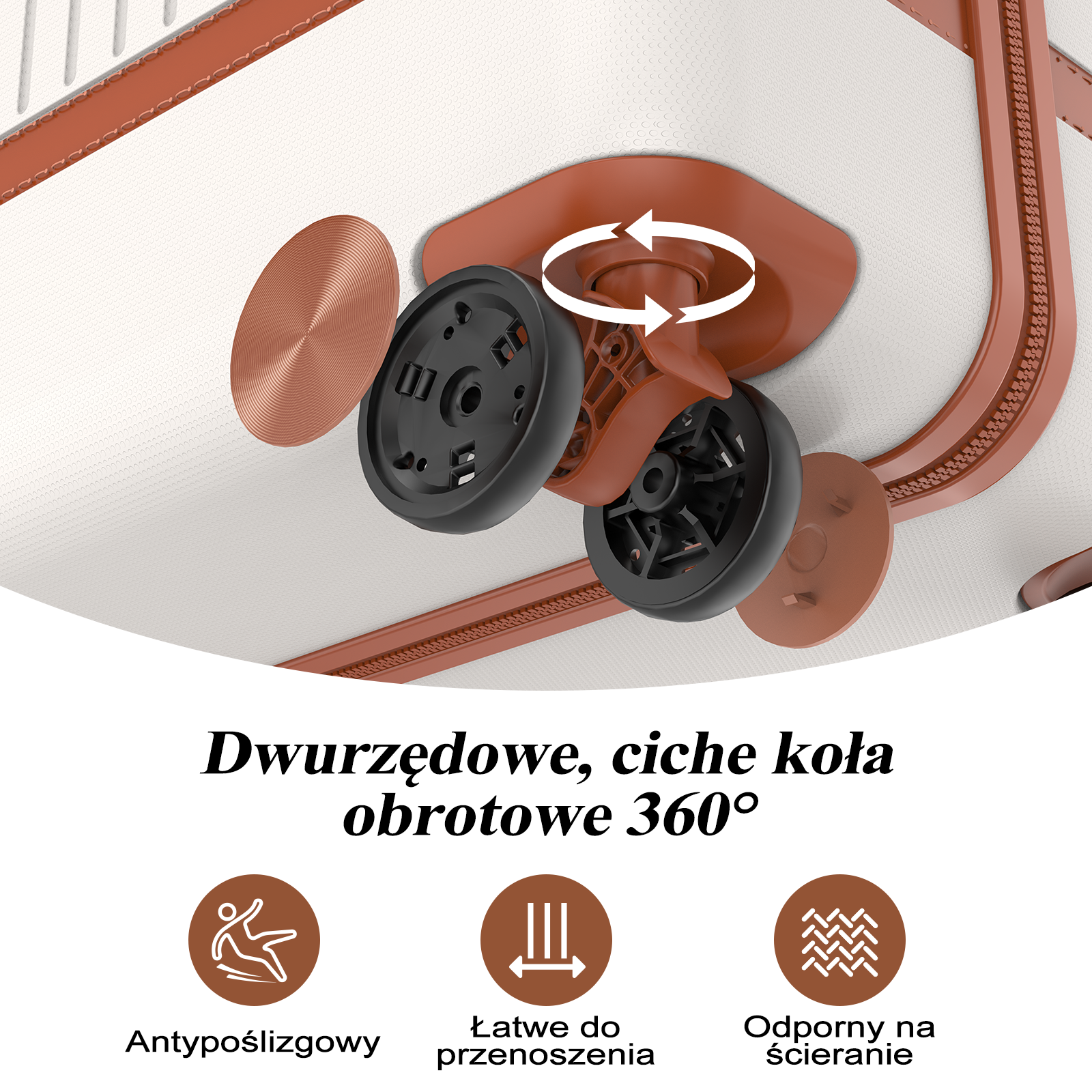 System kół walizki, ciche, obrotowe 360°, antypoślizgowe.