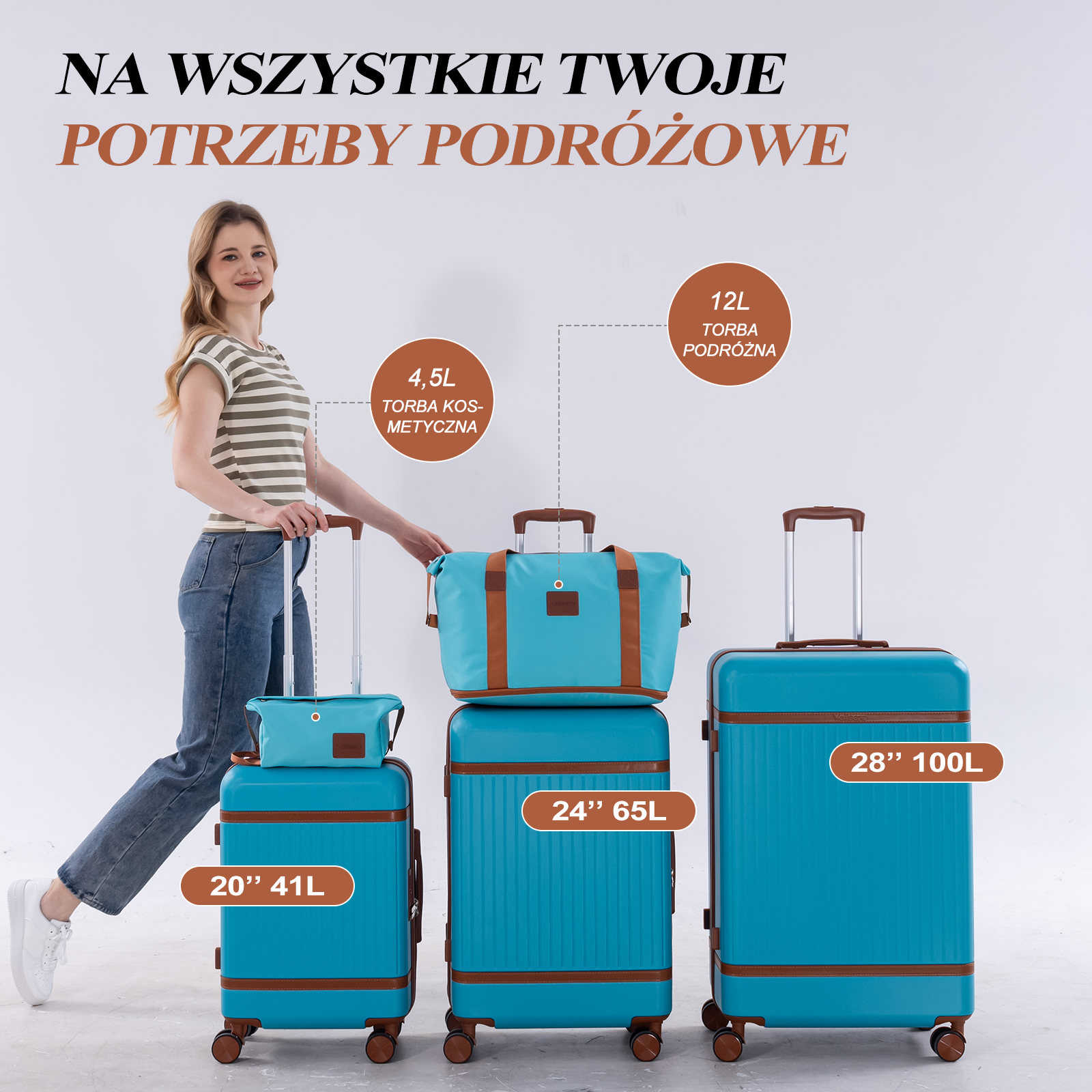 Kobieta stoi obok trzech turkusowych walizek różnej wielkości z brązowymi akcentami.