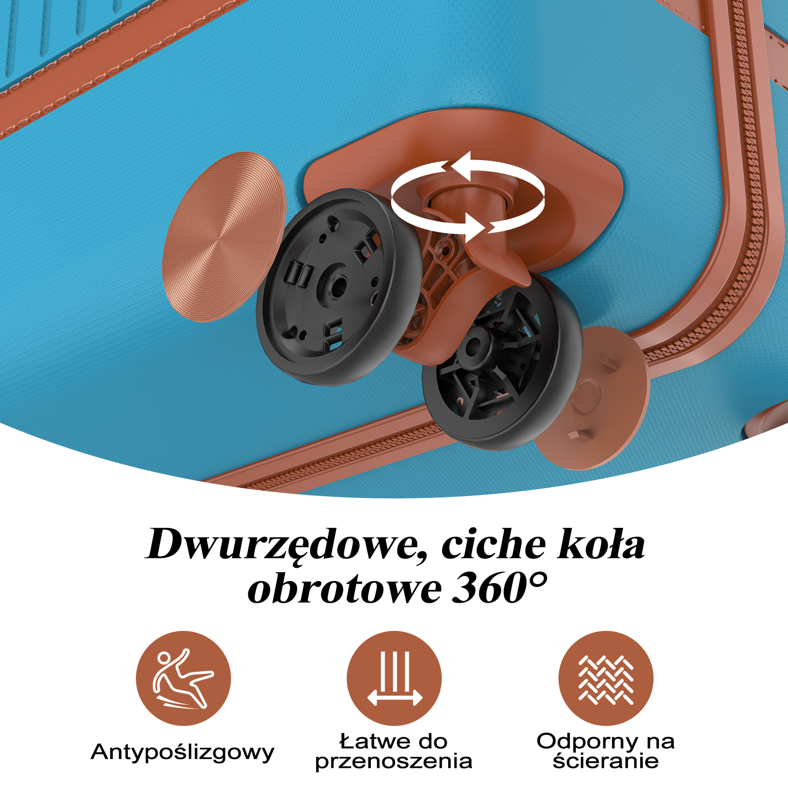 Zbliżenie niebieskiej walizki z brązowymi detalami i strzałkami.