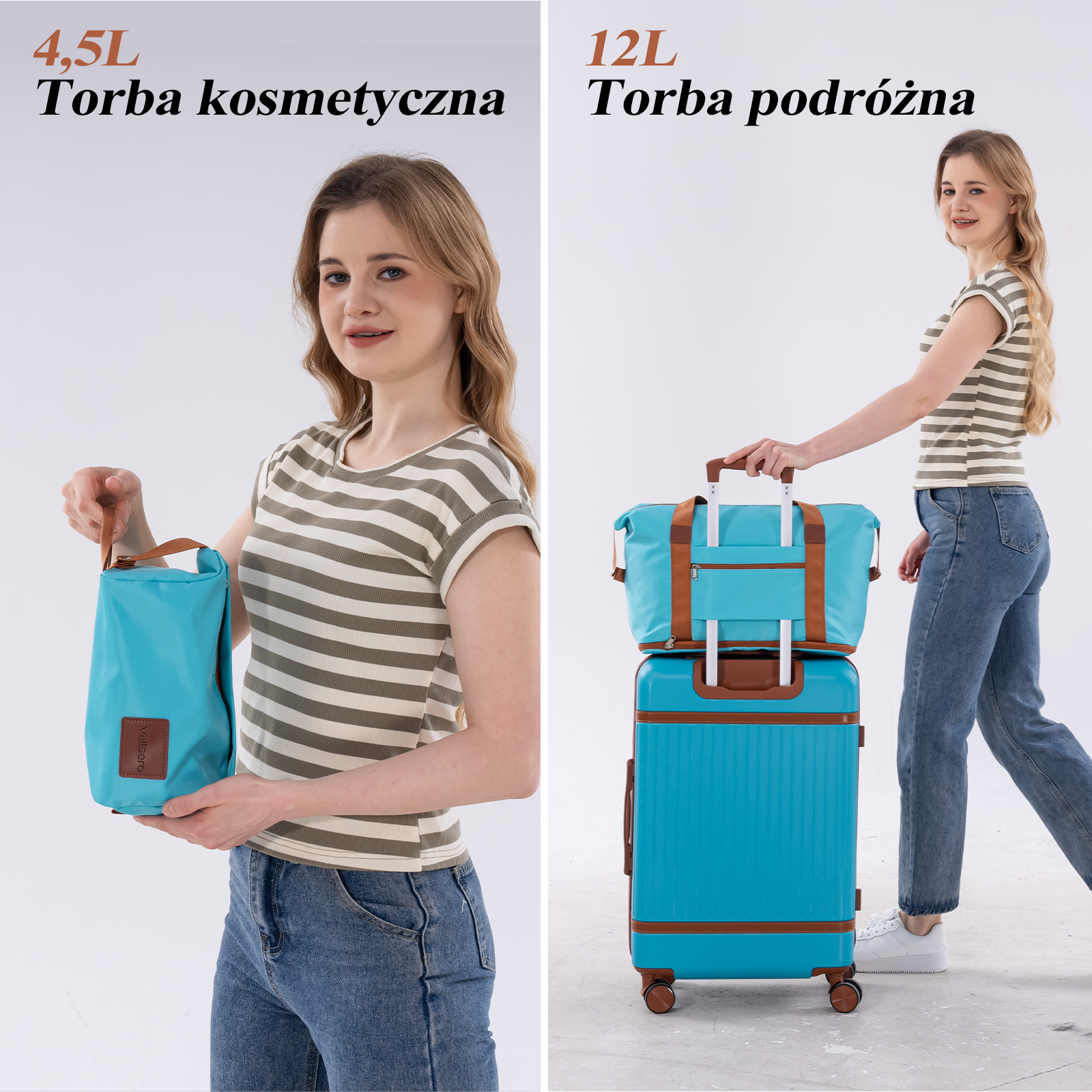 Kobieta trzyma małą niebieską kosmetyczkę, obok jest niebieski bagaż.