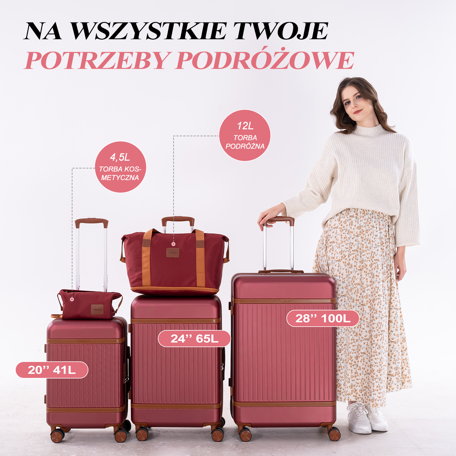 Kobieta stoi obok trzech czerwonych walizek i torby podróżnej.